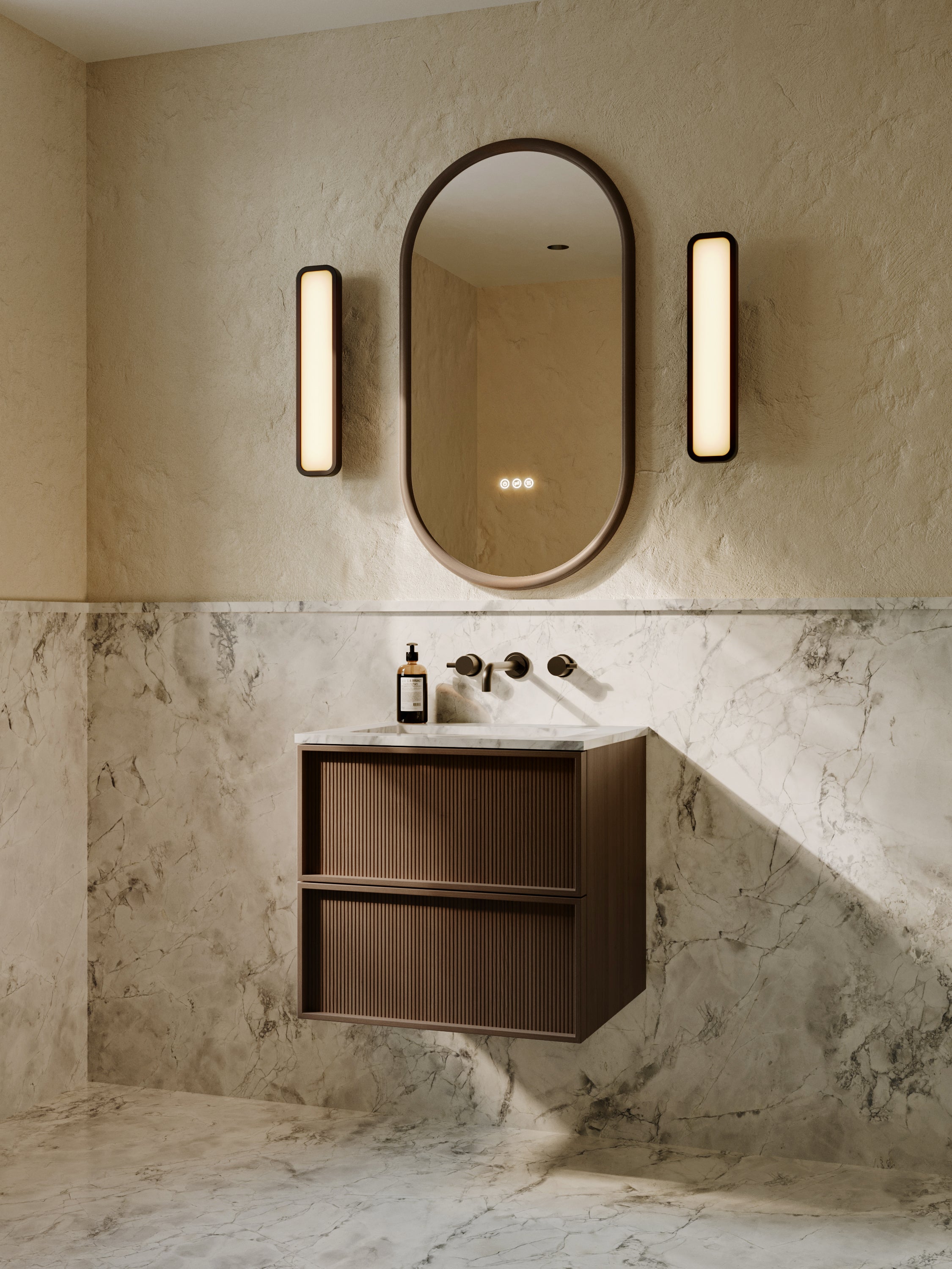Bathroom with a sink, mirror, and wall lights on a marble wall.