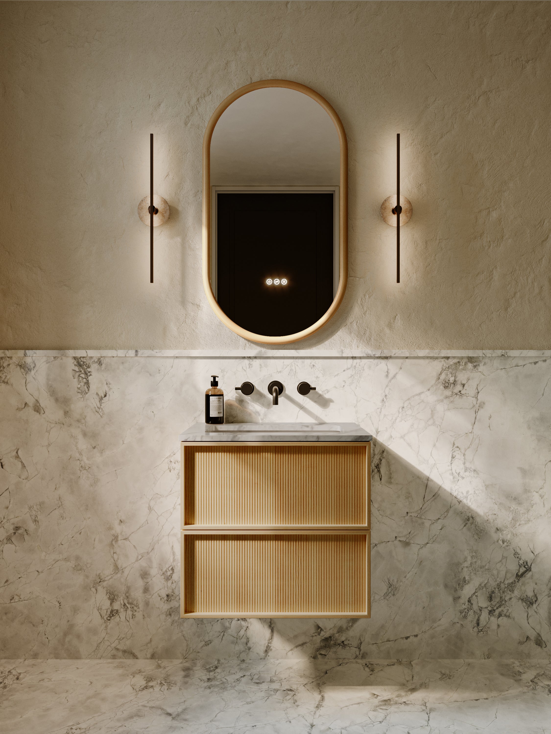 Neutra | Fluted Vanity Unit with Carrara Marble Worktop & Ceramic Basin | 600mm | Blonde Roast Oak