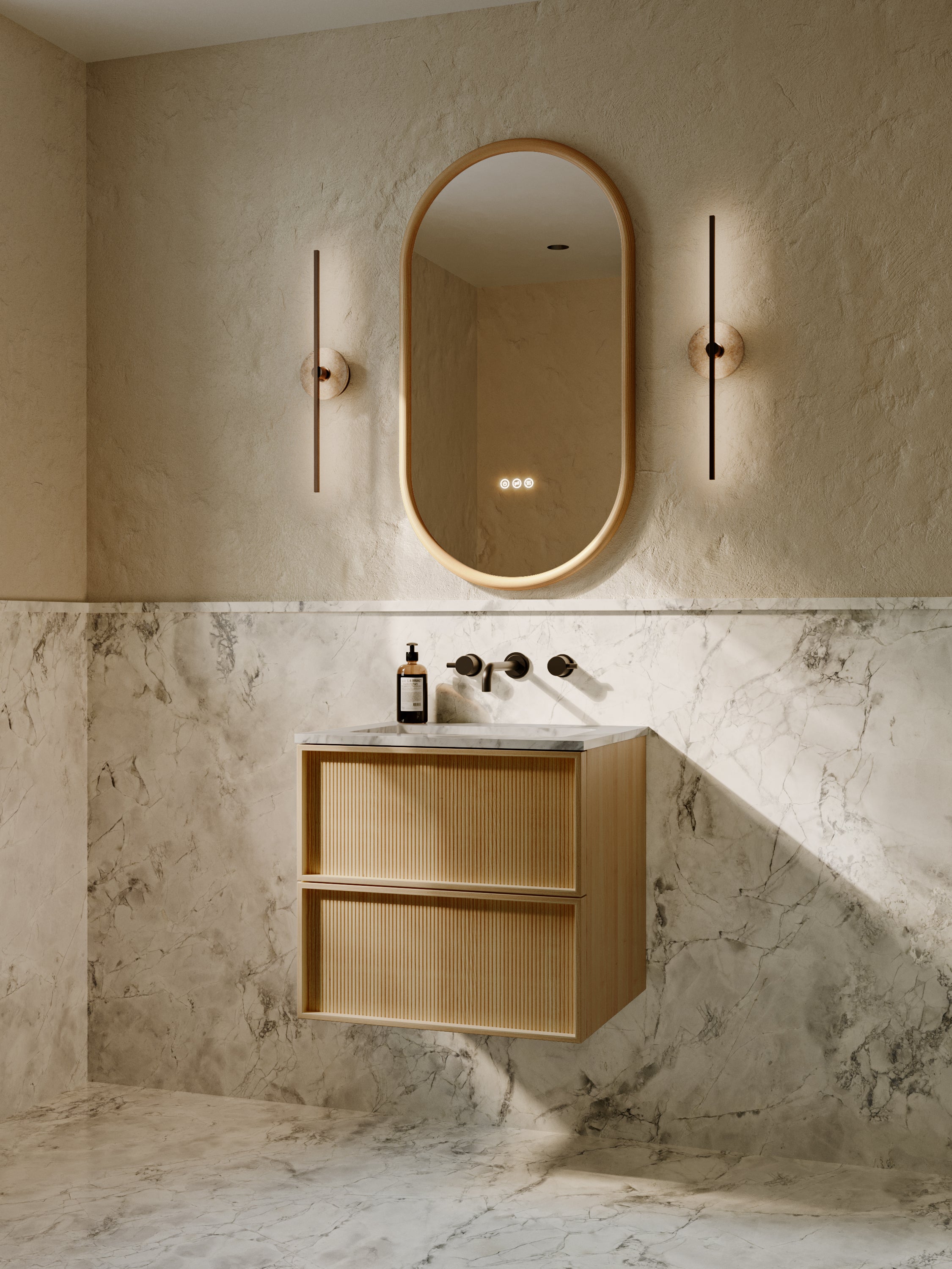Neutra | Fluted Vanity Unit with Carrara Marble Worktop & Ceramic Basin | 600mm | Blonde Roast Oak