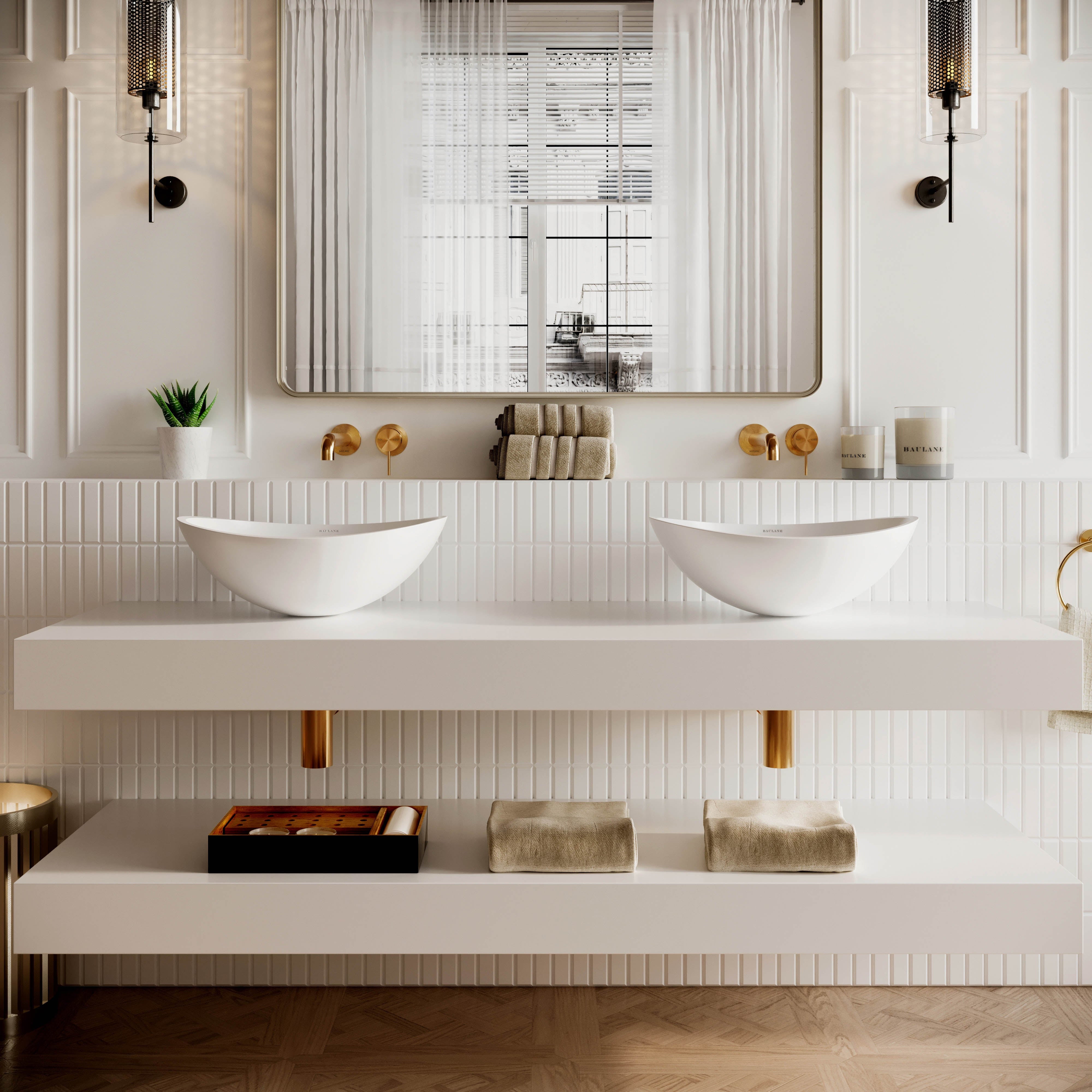 Wall Hung Stone Countertop Basin Shelf - White / 1500mm