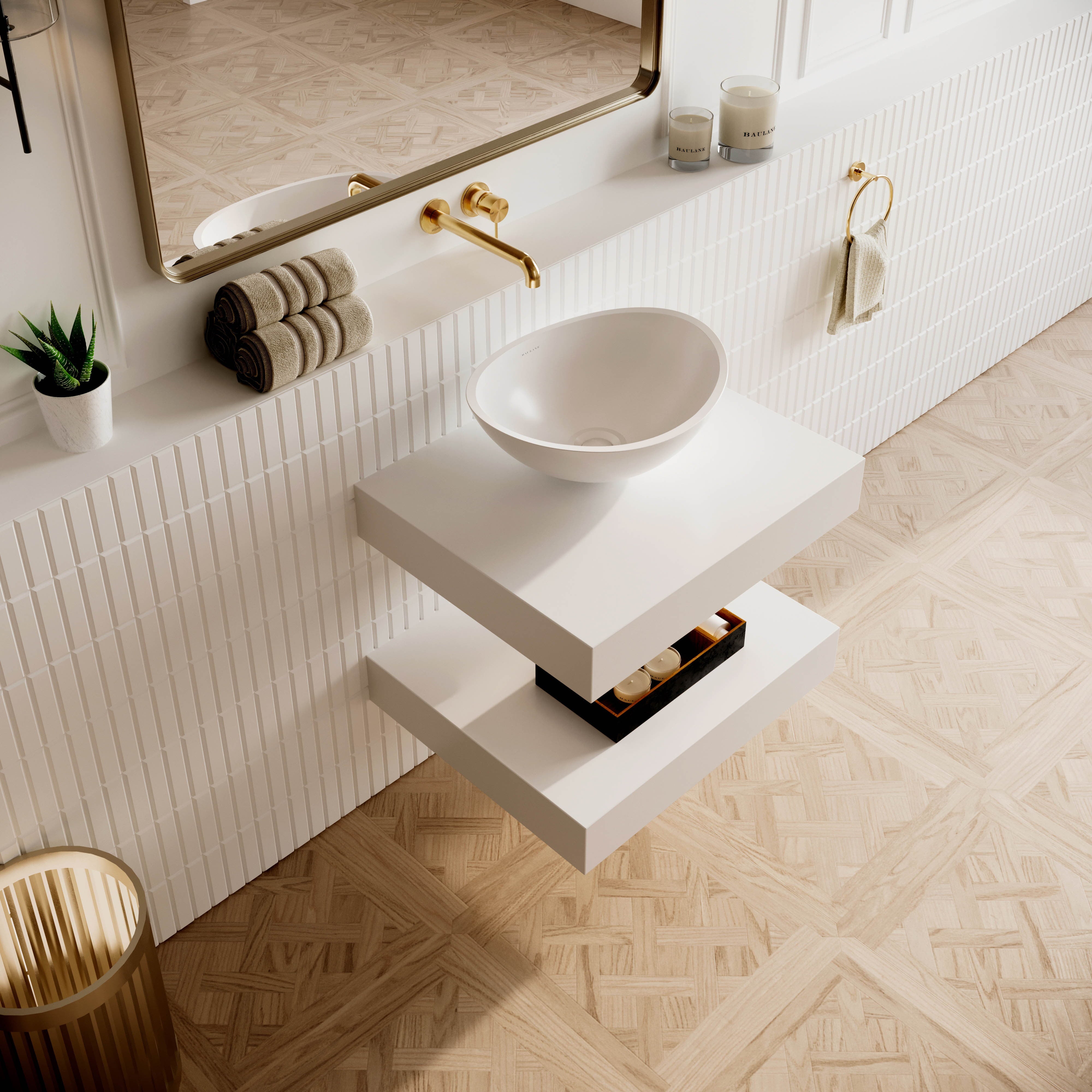 Wall Hung Stone Countertop Basin Shelf - White / 600mm