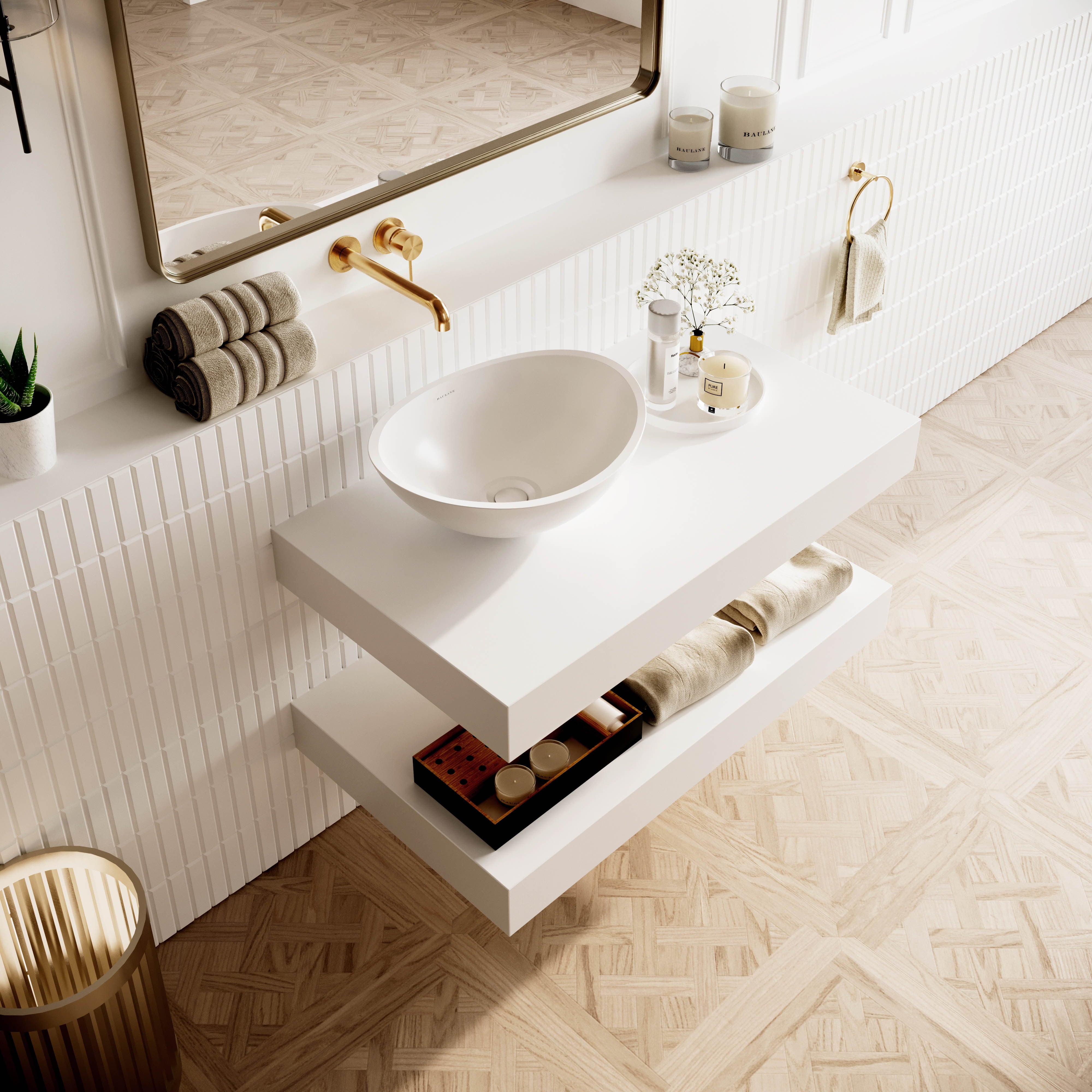 Wall Hung Stone Countertop Basin Shelf - White / 900mm