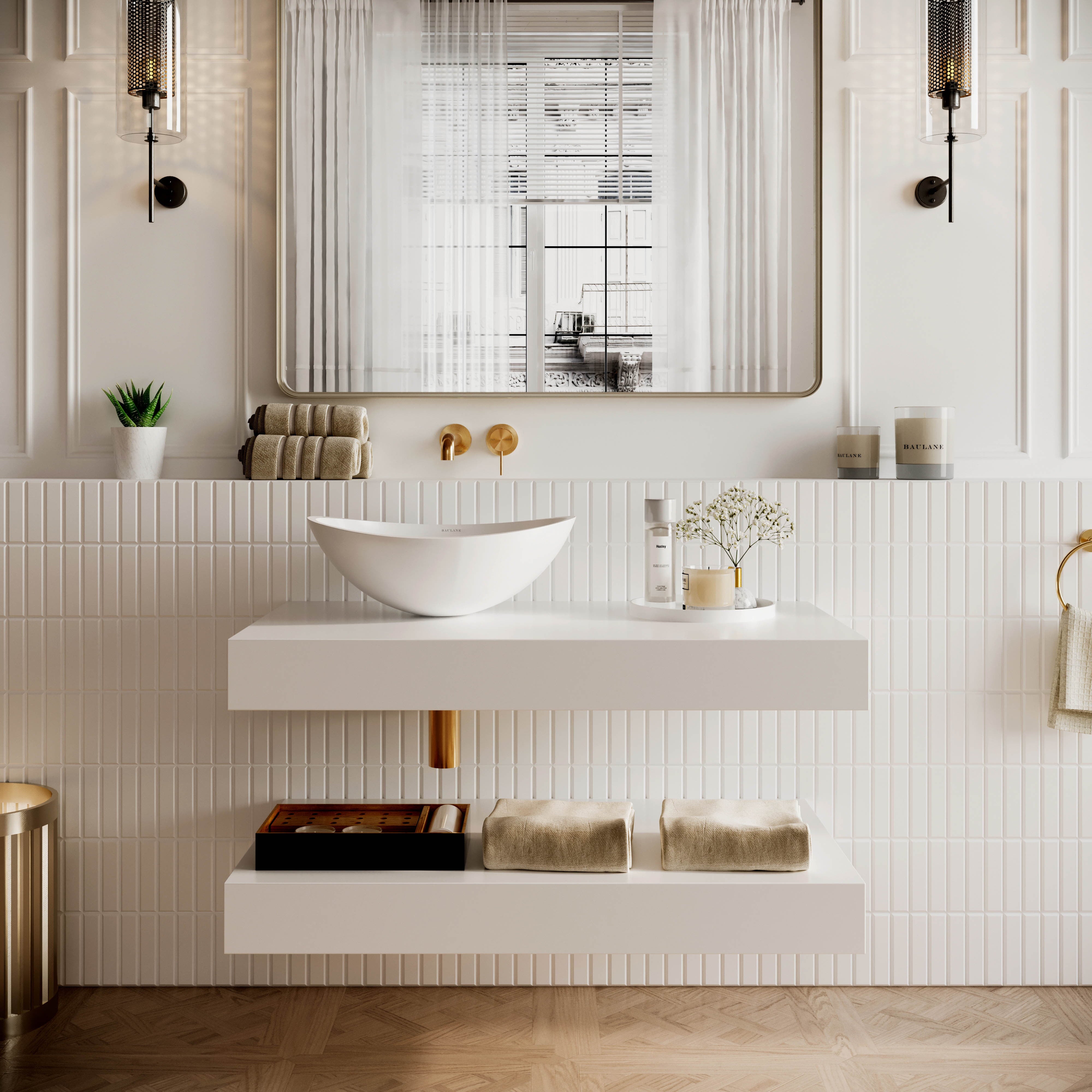 Wall Hung Stone Countertop Basin Shelf - White / 900mm