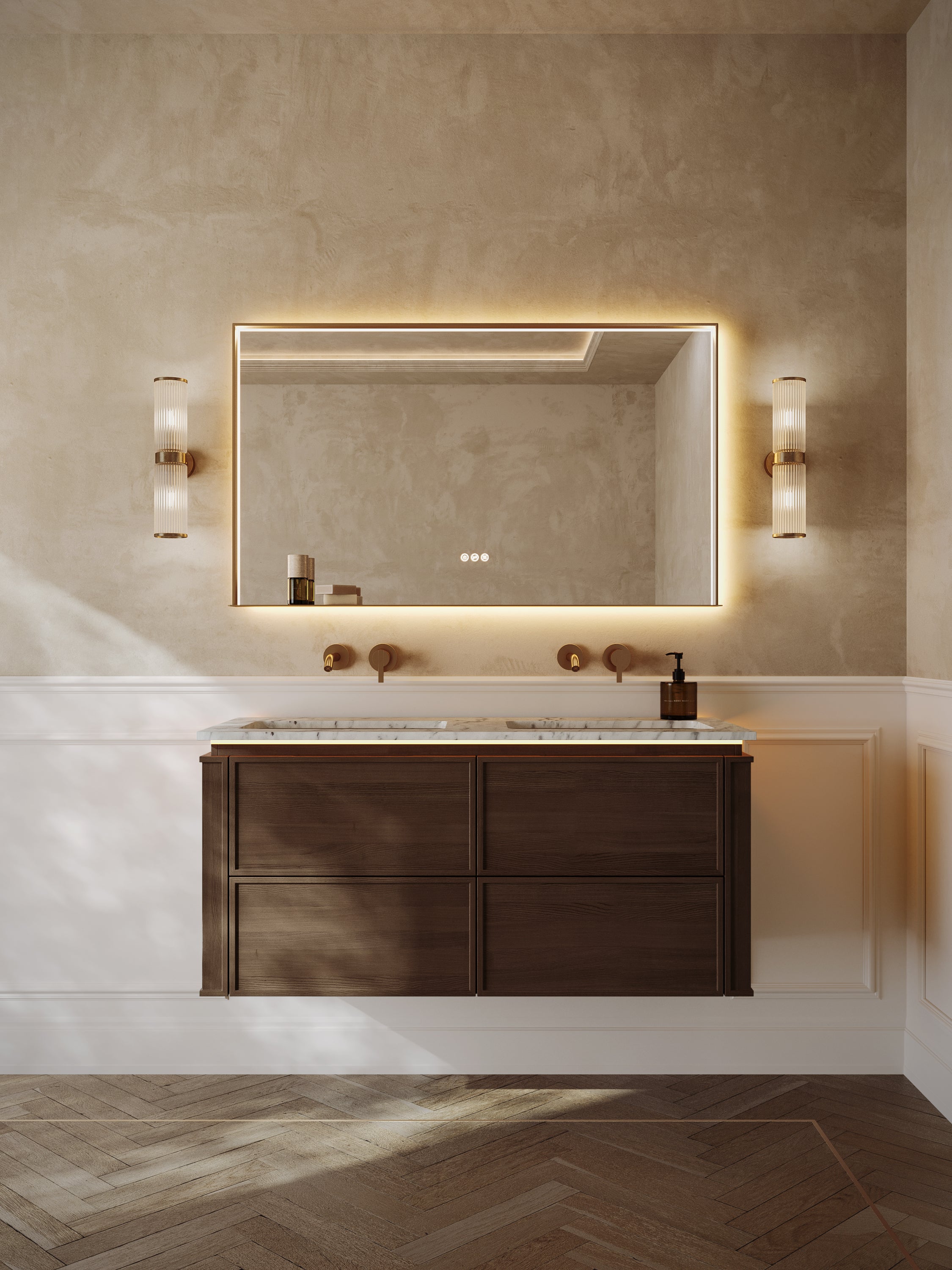 Linea | Vanity Unit with Carrara Marble Worktop, Integrated LED & Ceramic Basin | 1200mm | Espresso Oak