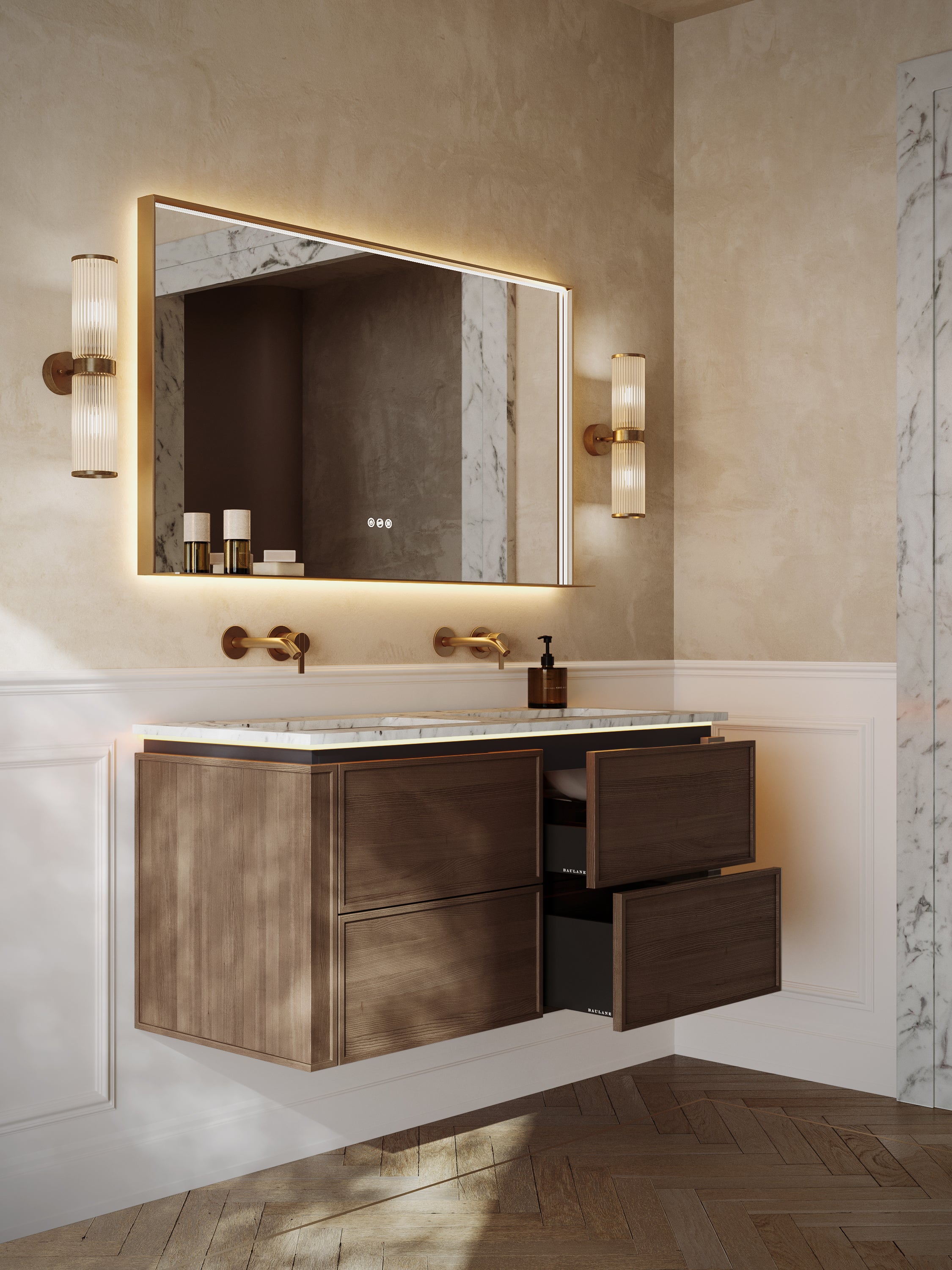 Linea | Vanity Unit with Carrara Marble Worktop, Integrated LED & Ceramic Basin | 1200mm | Espresso Oak