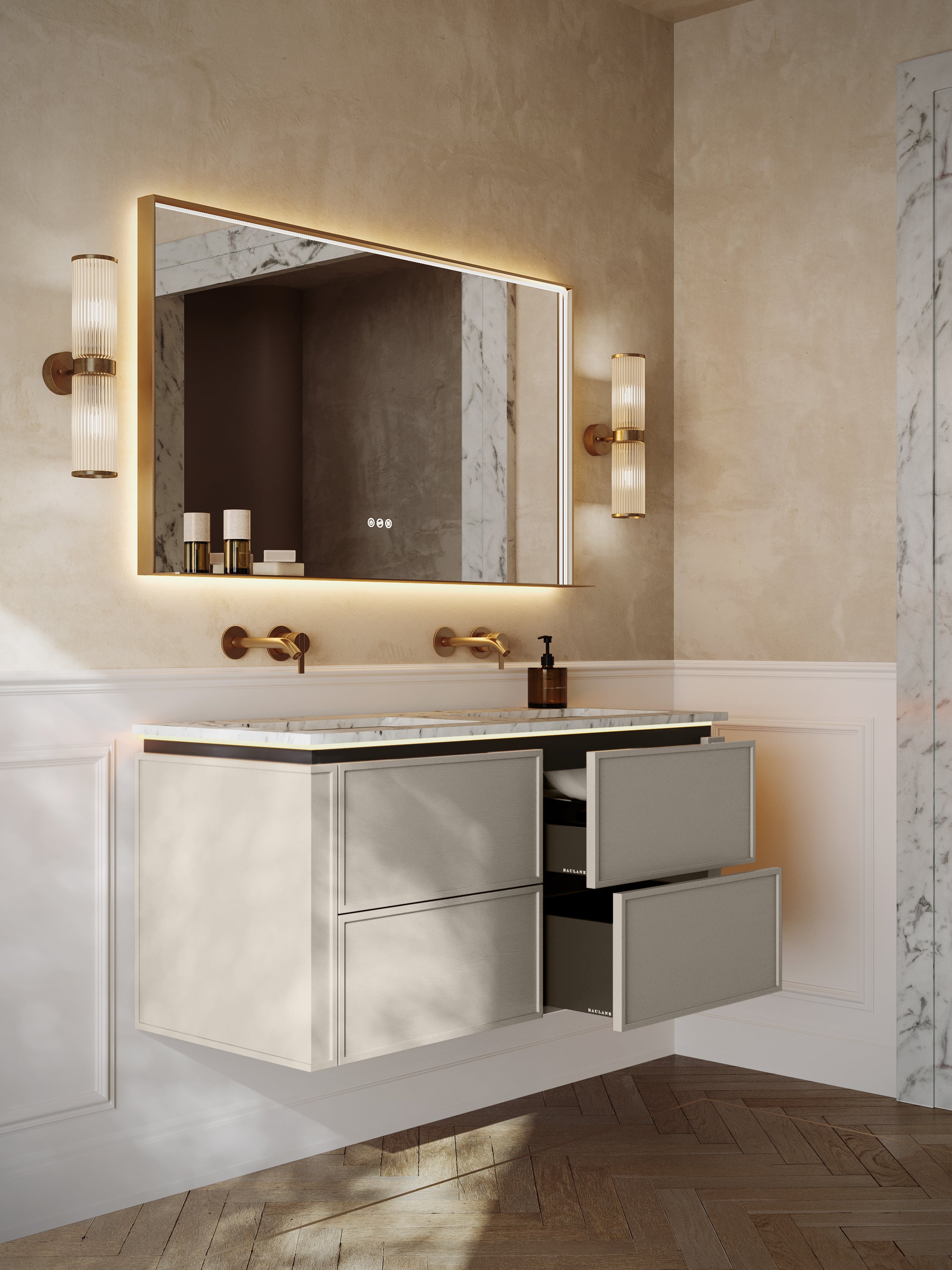 Linea | Vanity Unit with Carrara Marble Worktop, Integrated LED & Ceramic Basin | 1200mm | Latte Oak