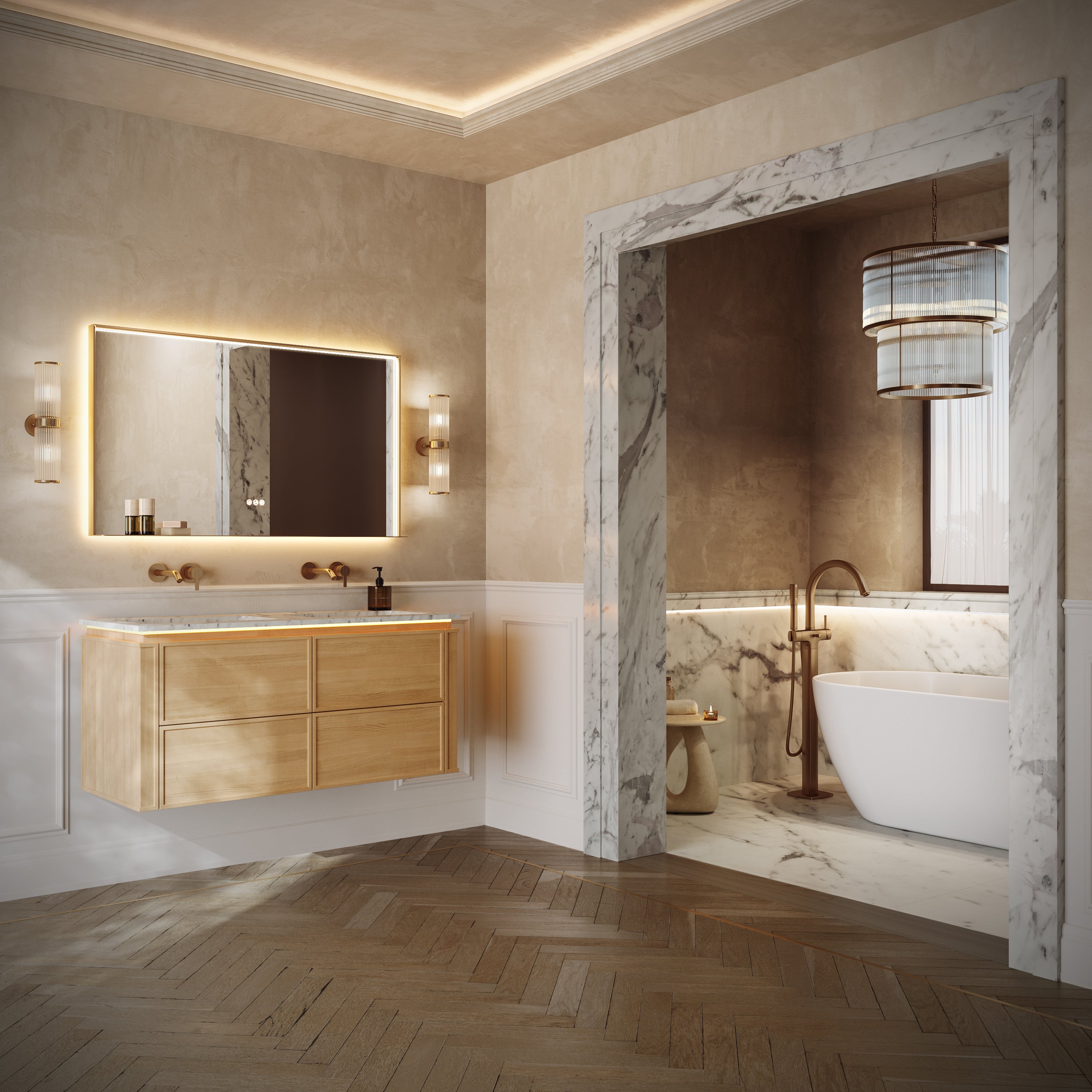 Linea Series Golden Roast Oak Cararra Marble Vanity Unit 1200mm