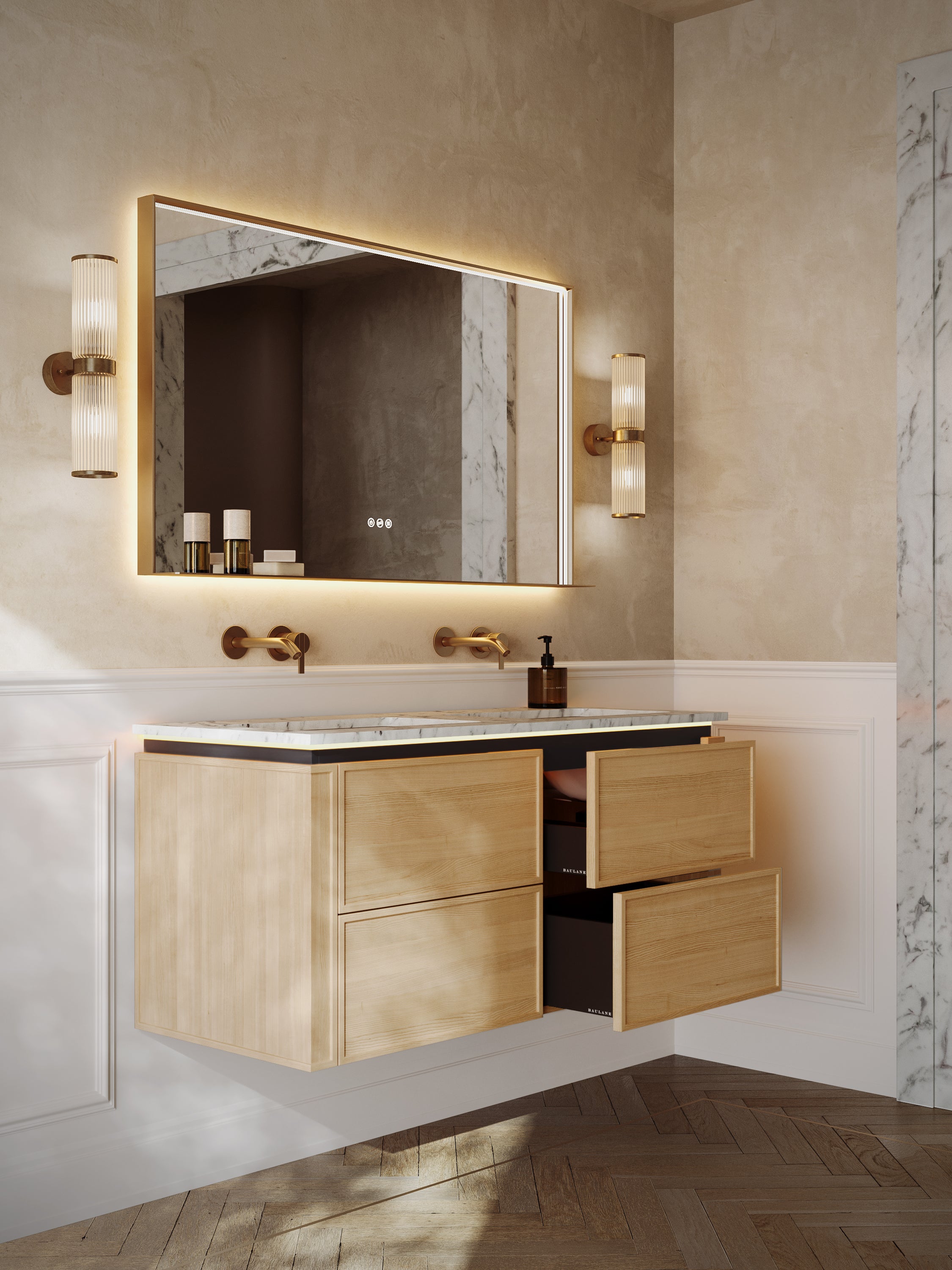 Linea | Vanity Unit with Carrara Marble Worktop, Integrated LED & Ceramic Basin | 1200mm | Blonde Roast Oak