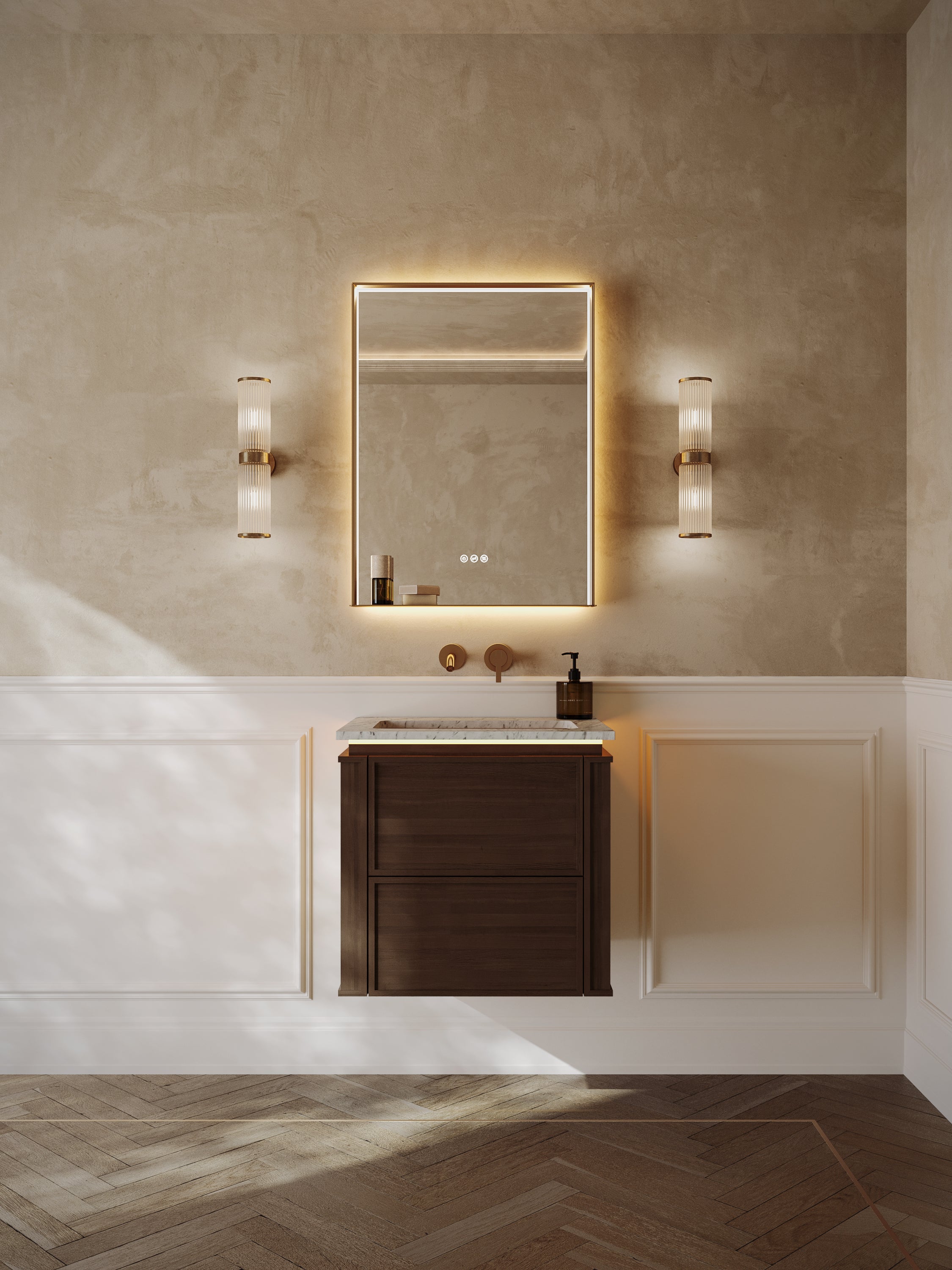 Linea | Vanity Unit with Carrara Marble Worktop, Integrated LED & Ceramic Basin | 600mm | Espresso Oak