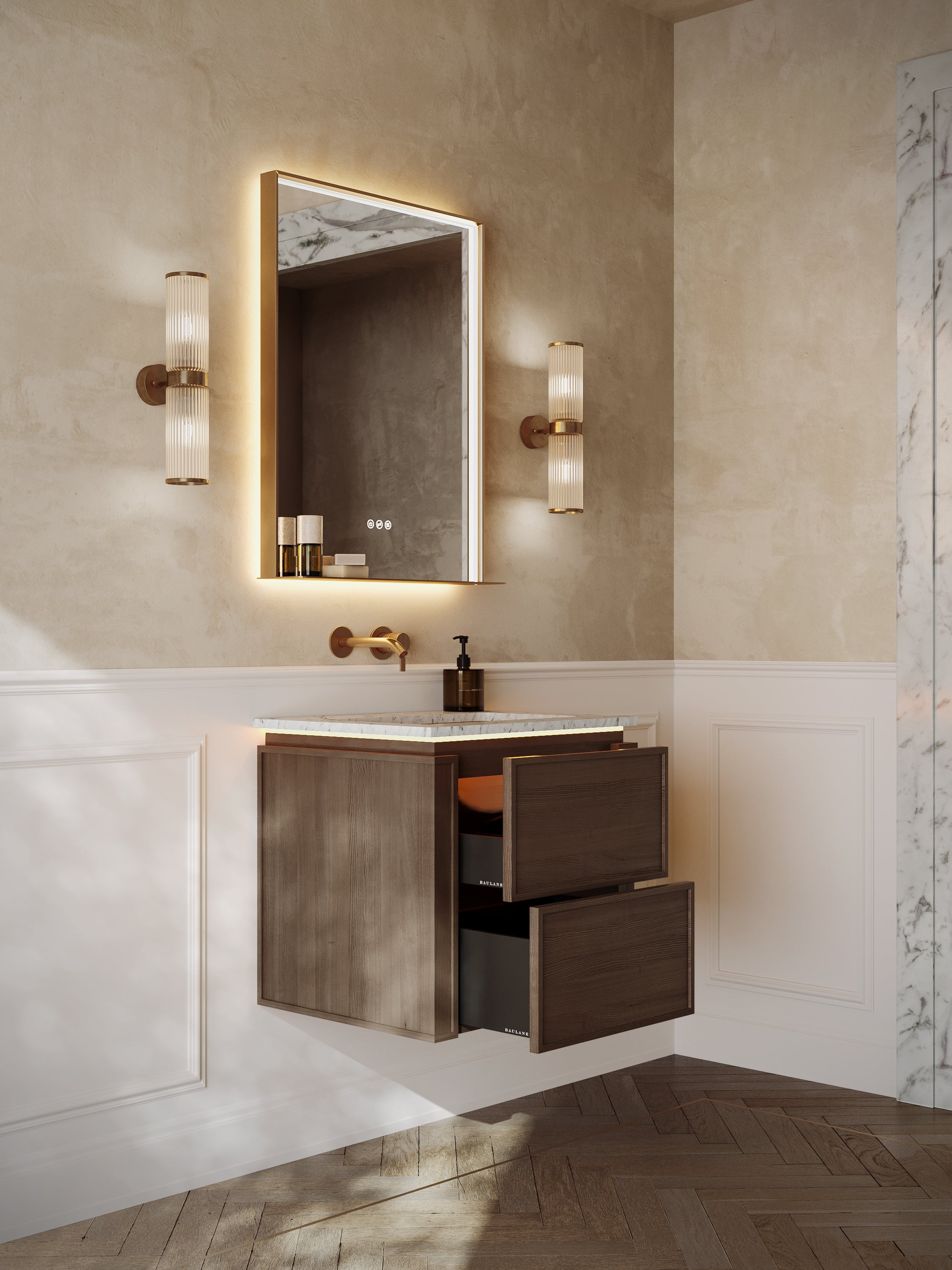 Linea | Vanity Unit with Carrara Marble Worktop, Integrated LED & Ceramic Basin | 600mm | Espresso Oak