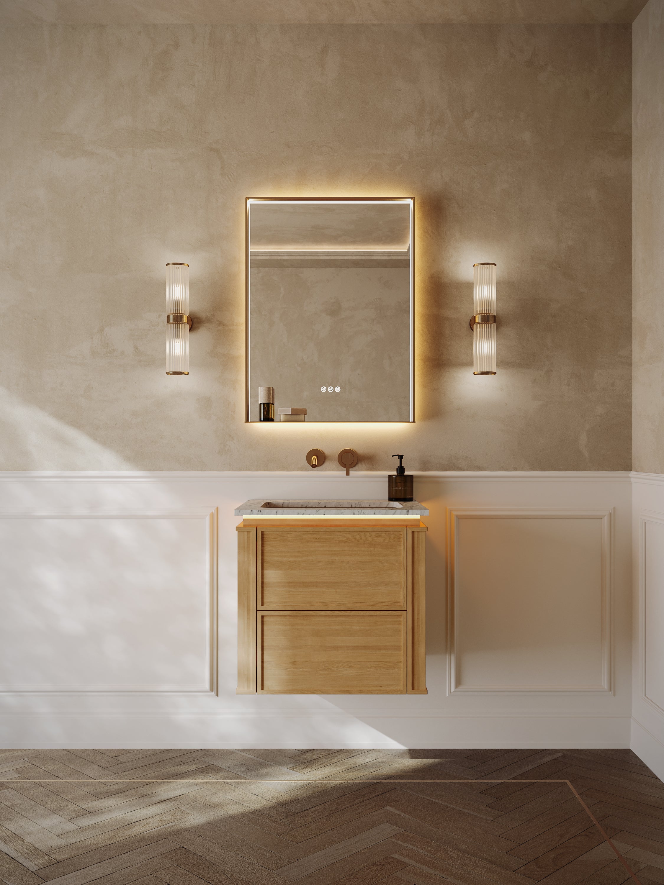 Linea | Vanity Unit with Carrara Marble Worktop, Integrated LED & Ceramic Basin | 600mm | Blonde Roast Oak
