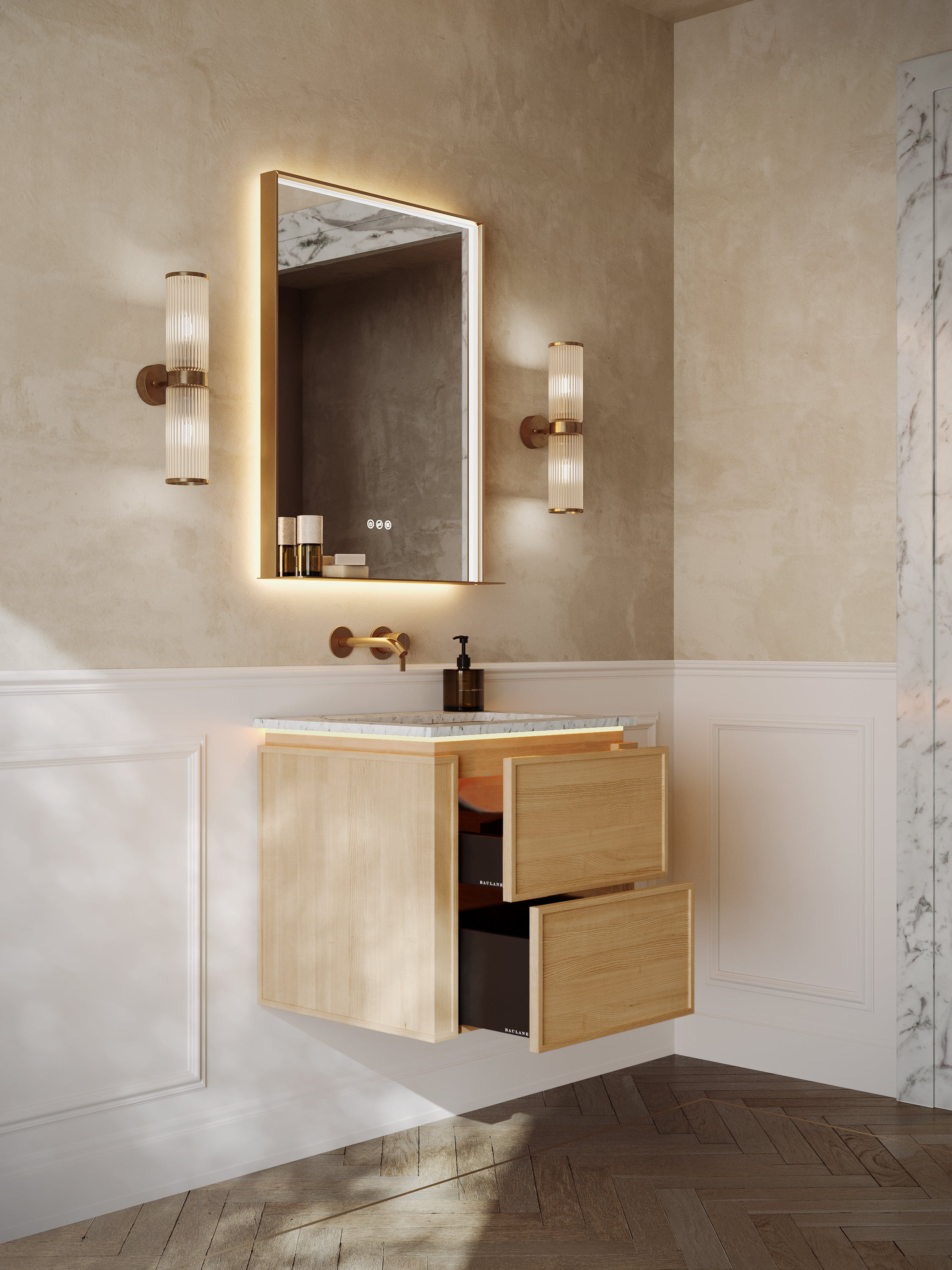 Linea | Vanity Unit with Carrara Marble Worktop, Integrated LED & Ceramic Basin | 600mm | Blonde Roast Oak