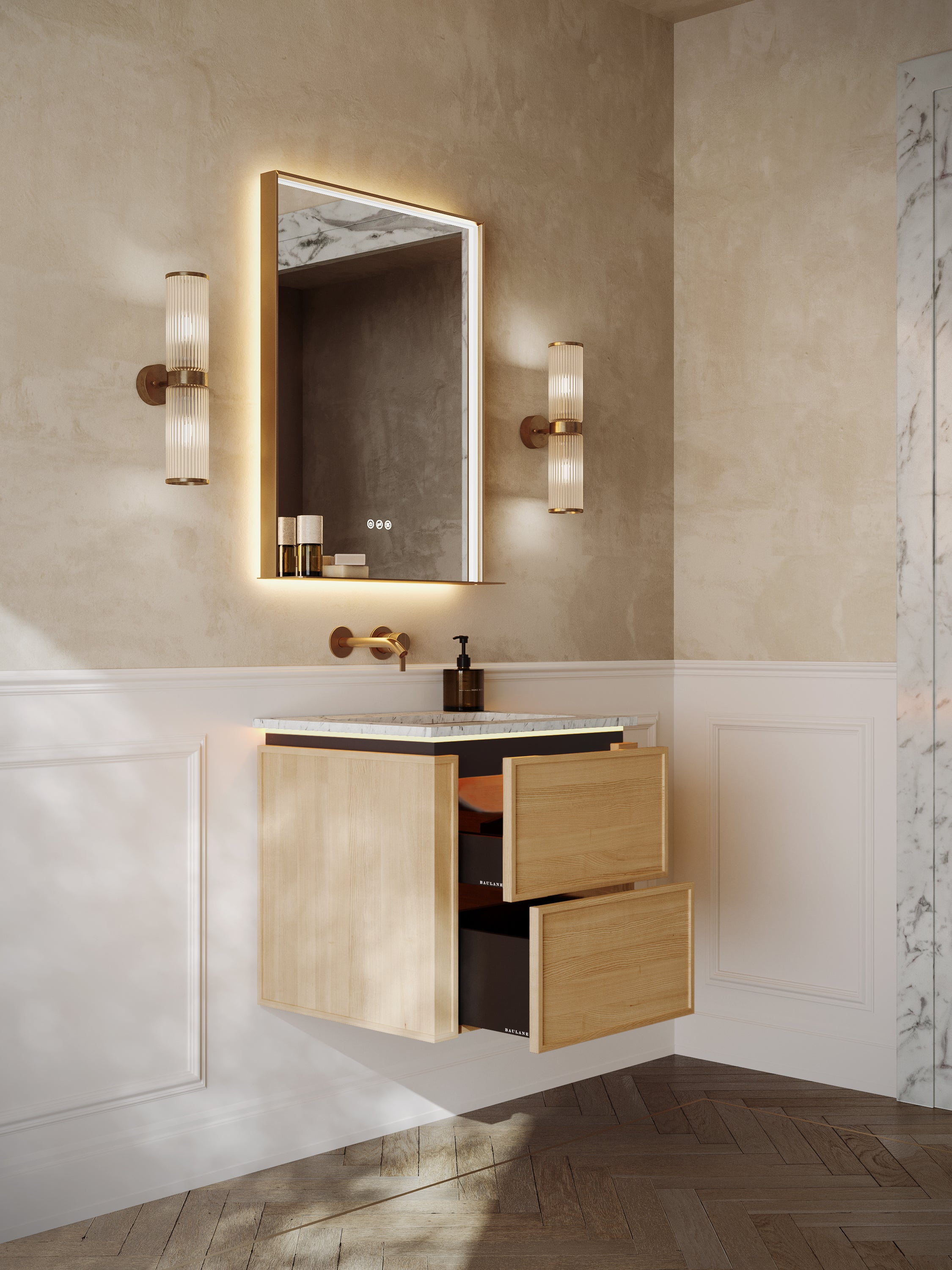 Linea | Vanity Unit with Carrara Marble Worktop, Integrated LED & Ceramic Basin | 600mm | Blonde Roast Oak