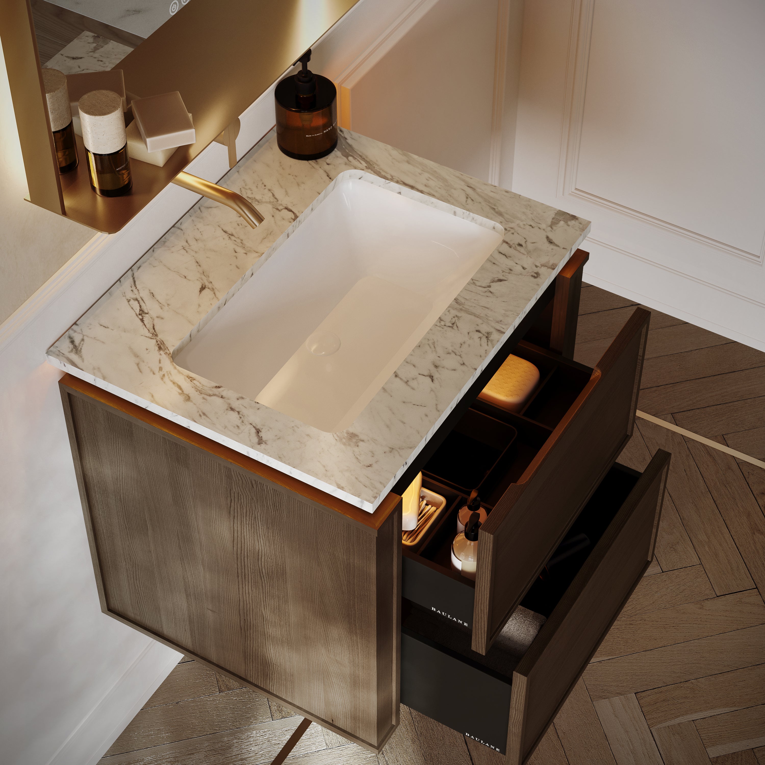 Linea Series Espresso Oak Cararra Marble Vanity Unit 600mm