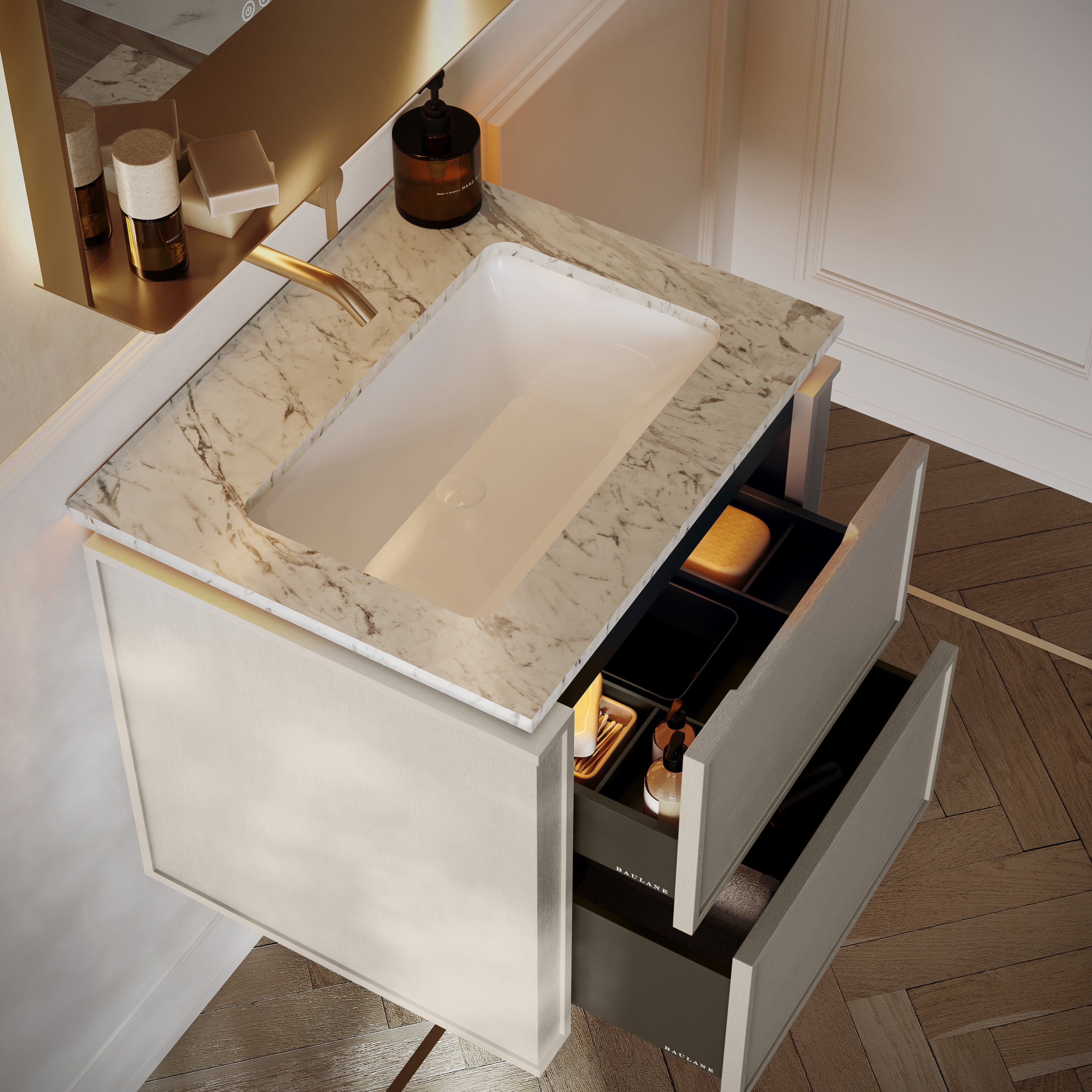 Linea Series Latte Oak Cararra Marble Vanity Unit 600mm