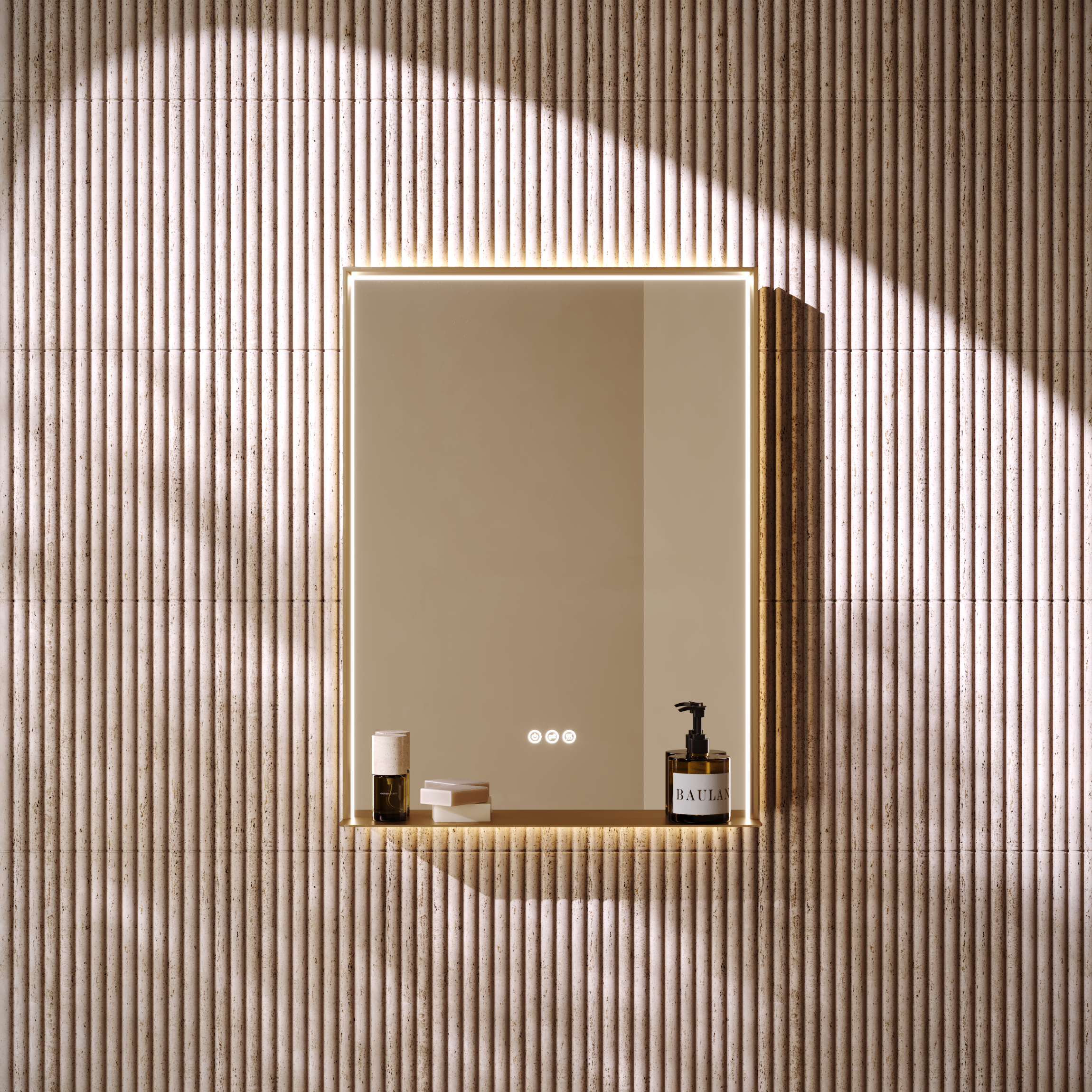 Mies Brushed Gold Mirror with Shelf Lip Natural White LED Light and Demister 600mm