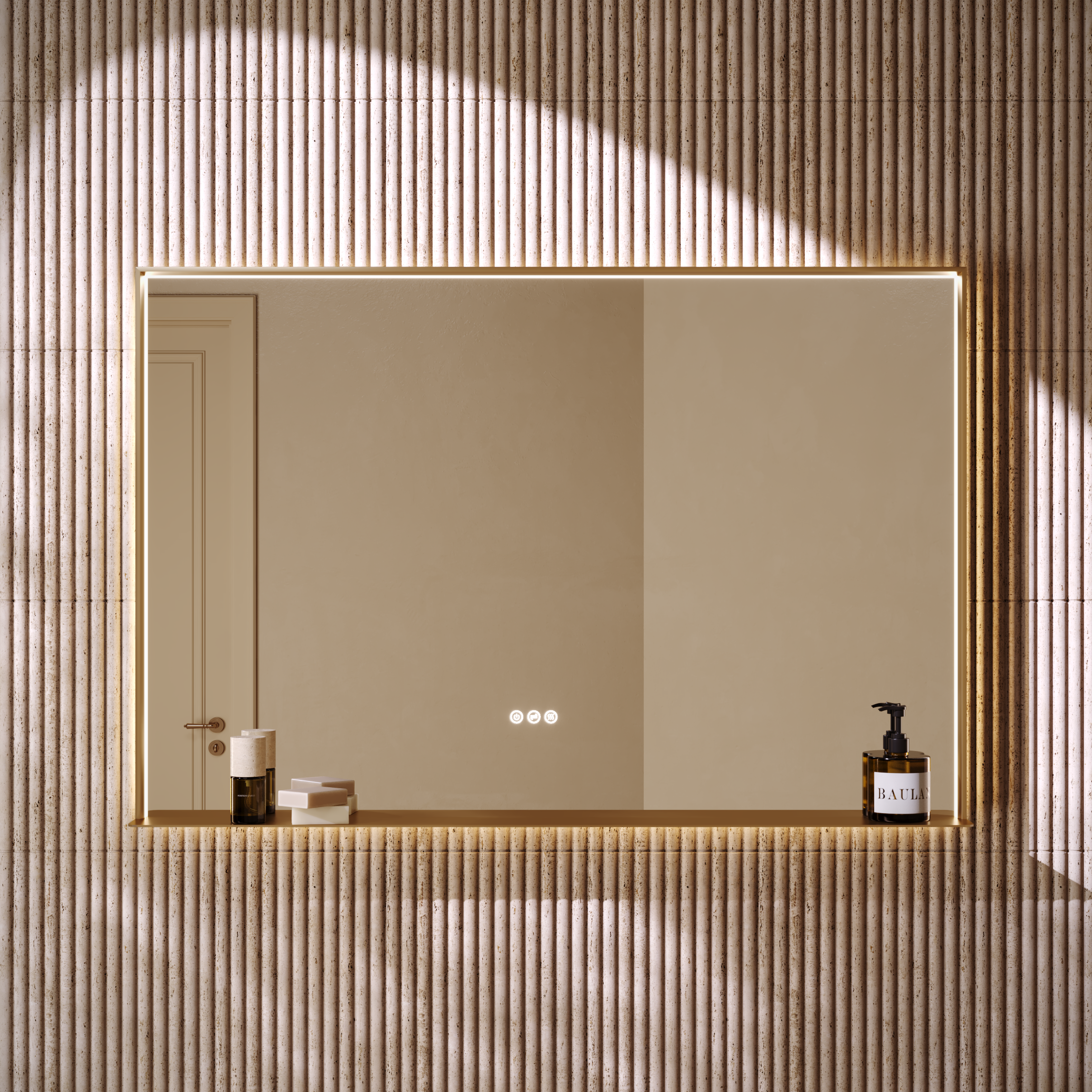Mies Brushed Gold Mirror with Shelf Lip Natural White LED Light and Demister 1200mm