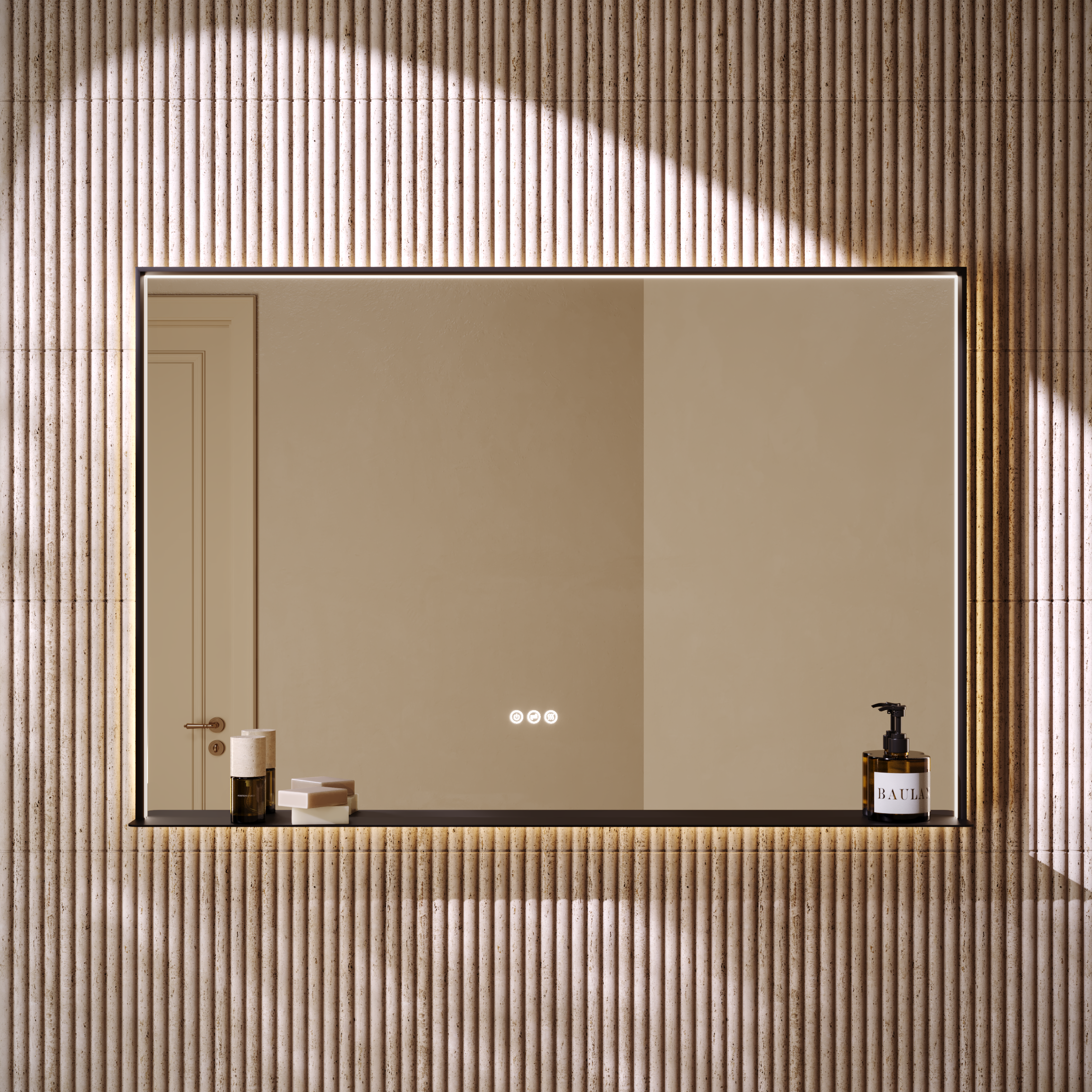 Mies Matte Black Mirror with Shelf Lip Natural White LED Light and Demister 1200mm