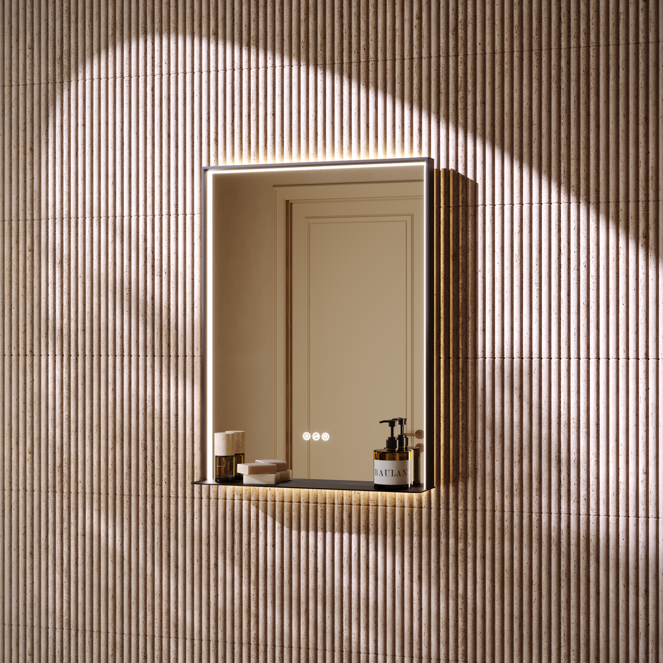 Mies Matte Black Mirror with Shelf Lip Natural White LED Light and Demister 600mm