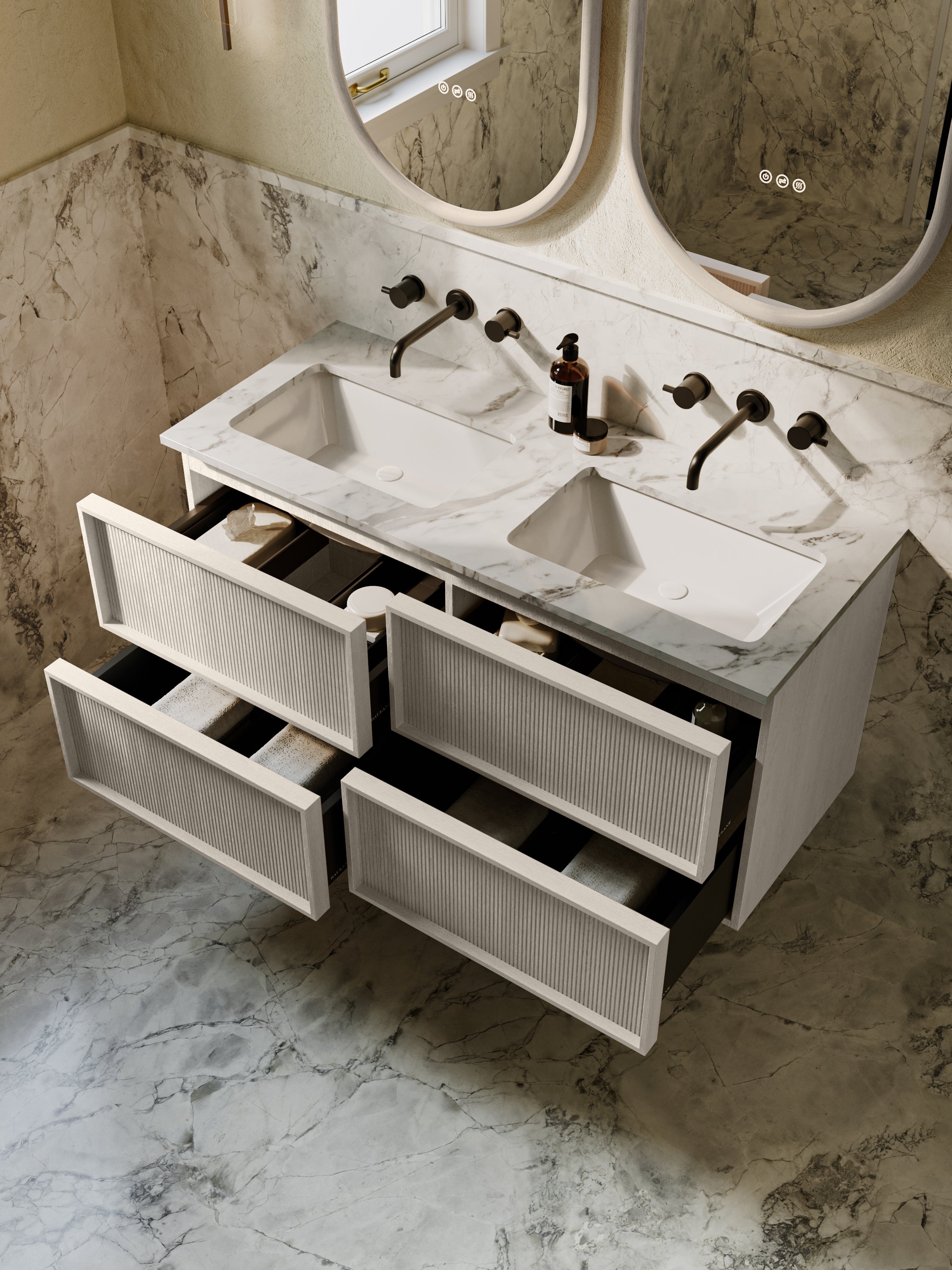 Neutra | Fluted Vanity Unit with Carrara Marble Worktop & Ceramic Basin | 1200mm | Latte Oak