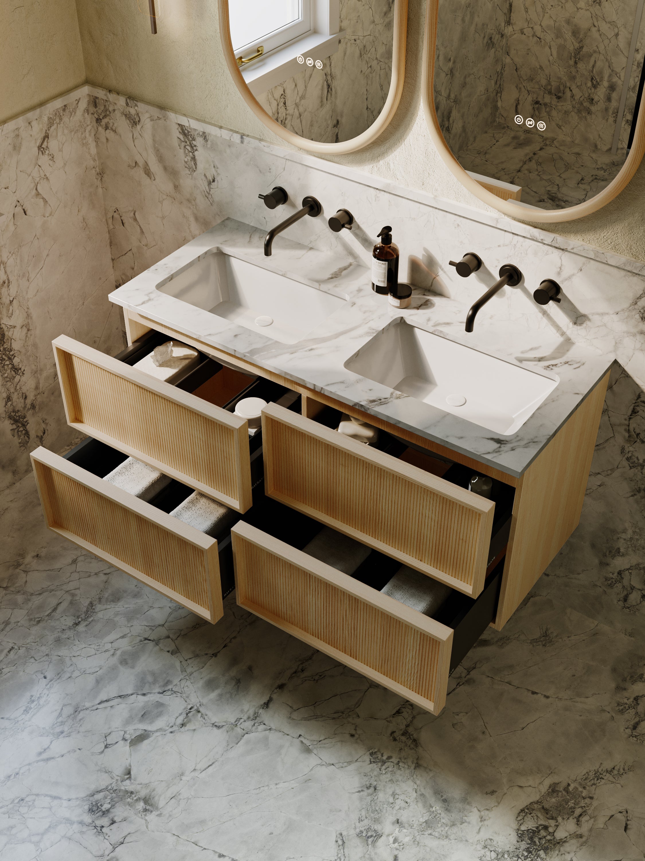 Neutra | Fluted Vanity Unit with Carrara Marble Worktop & Ceramic Basin | 1200mm | Blonde Roast Oak
