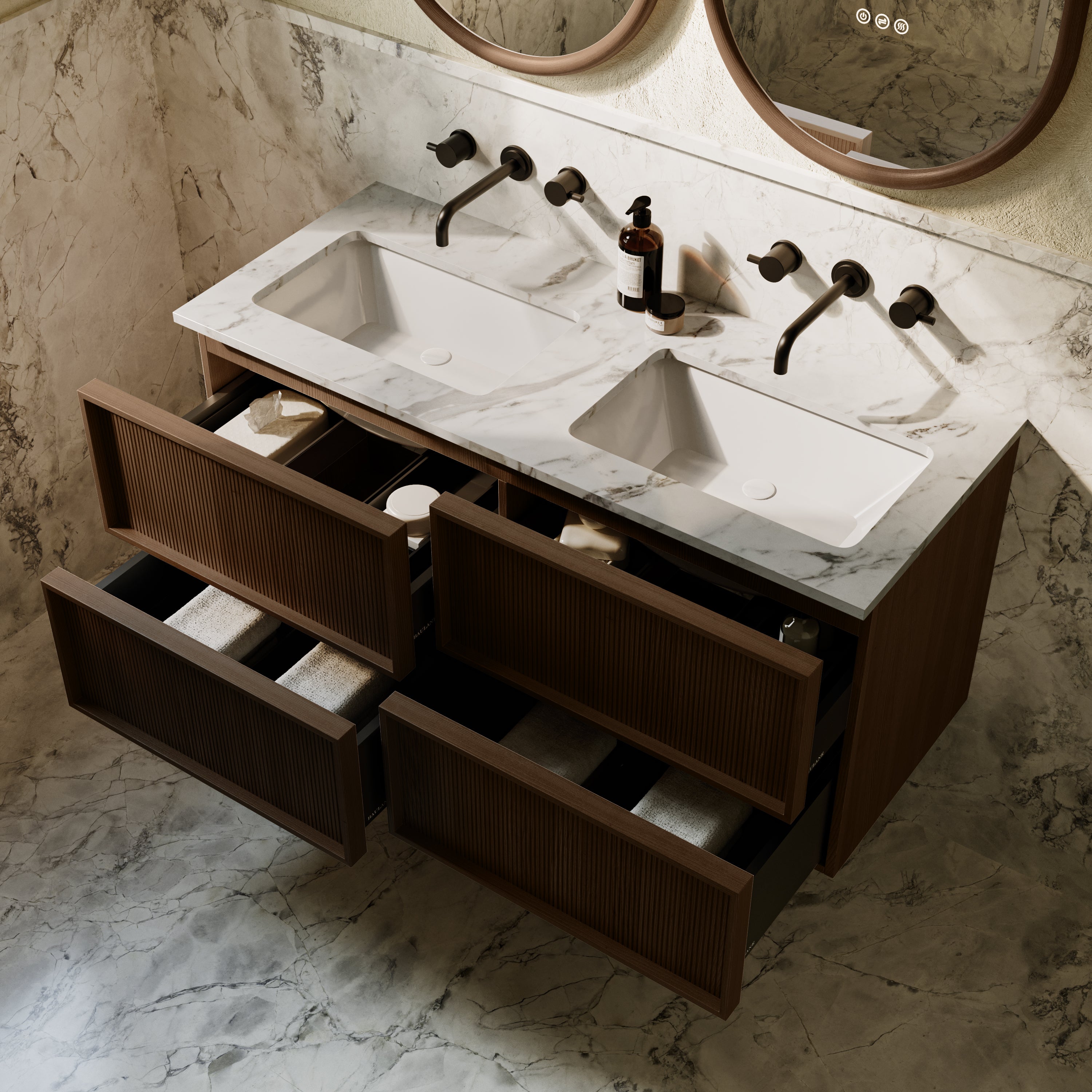 Neutra Series Espresso Oak Cararra Marble Vanity Unit 1200mm
