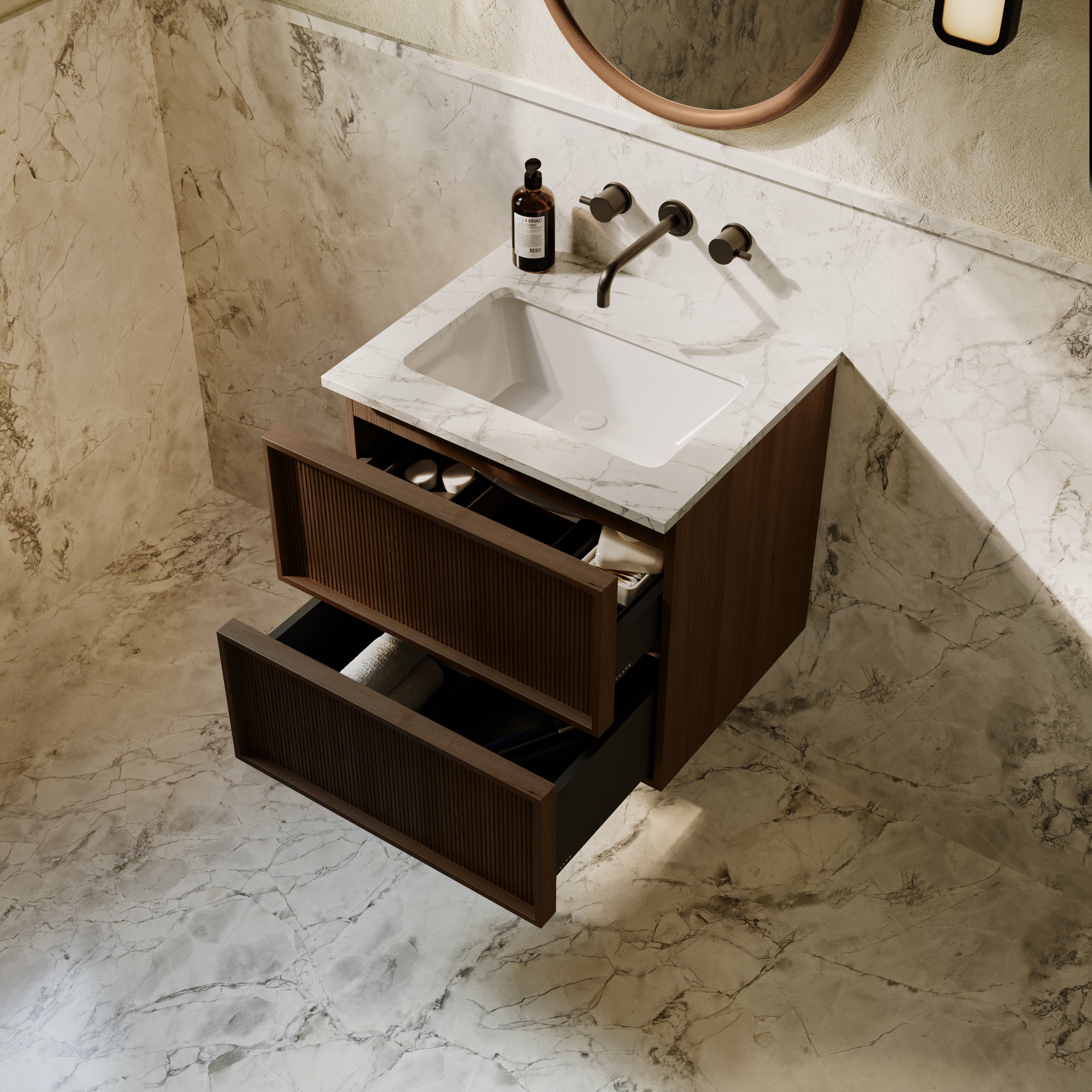 Neutra Series Espresso Oak Cararra Marble Vanity Unit 600mm