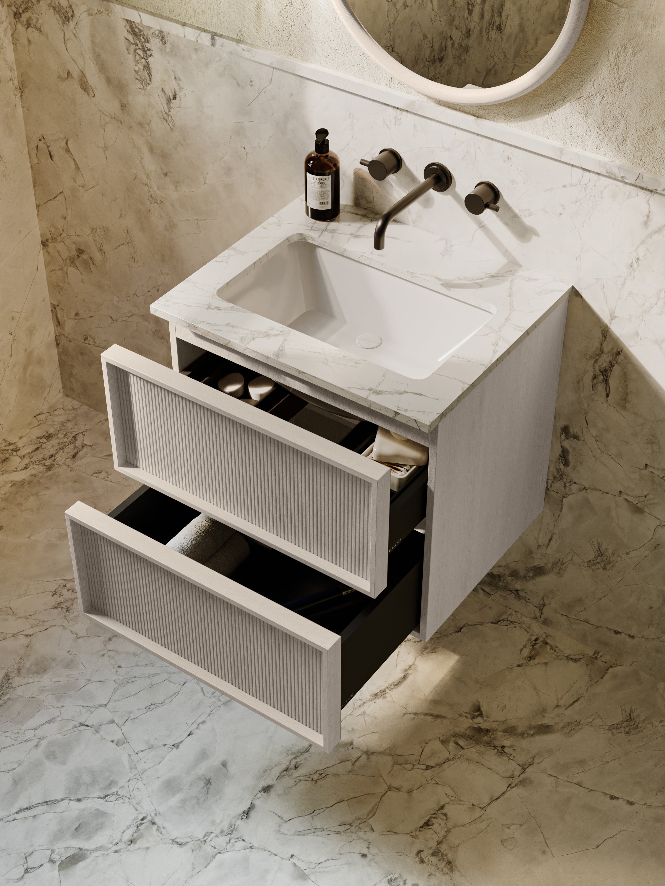 Neutra | Fluted Vanity Unit with Carrara Marble Worktop & Ceramic Basin | 600mm | Latte Oak