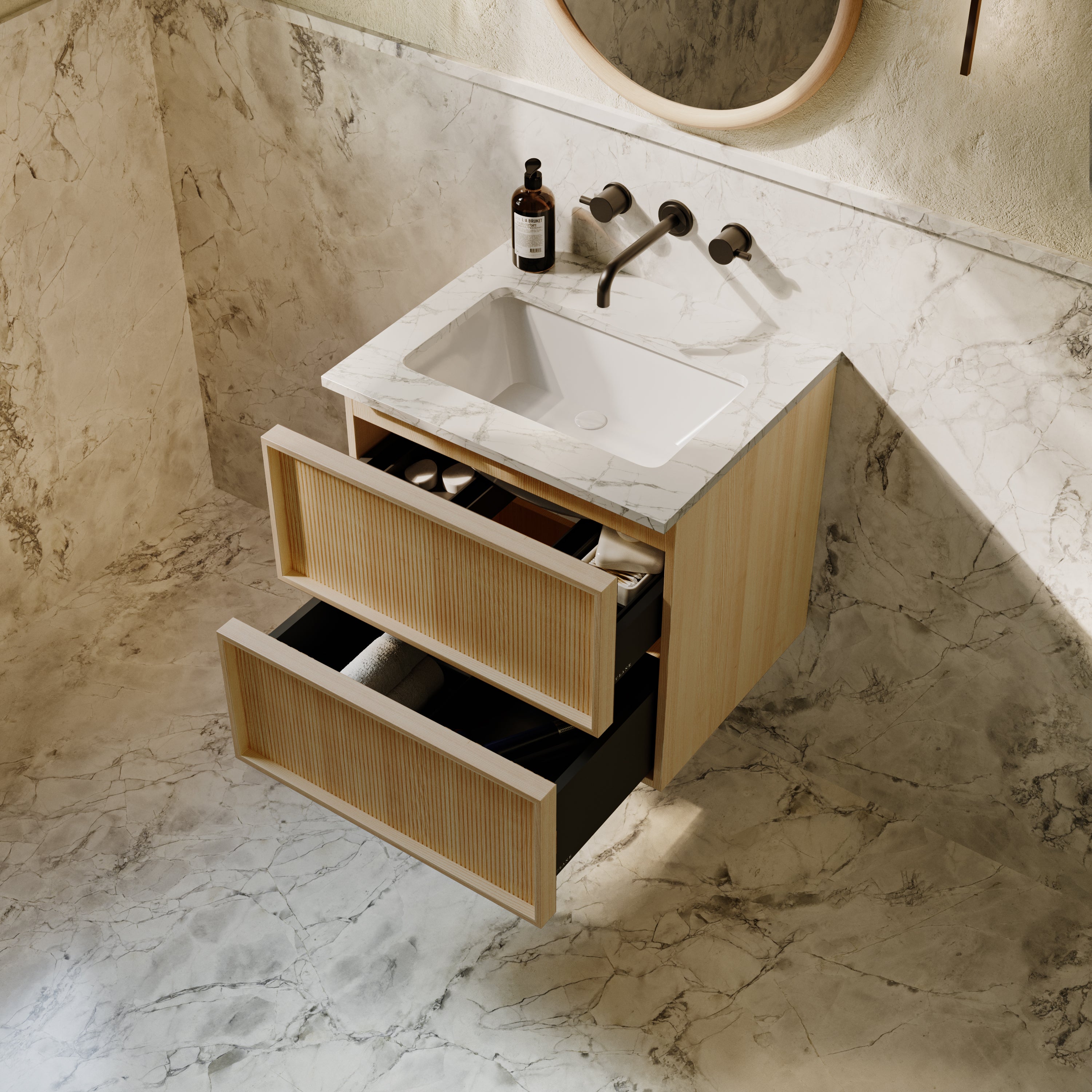 Neutra Series Blonde Roast Oak Cararra Marble Vanity Unit 600mm
