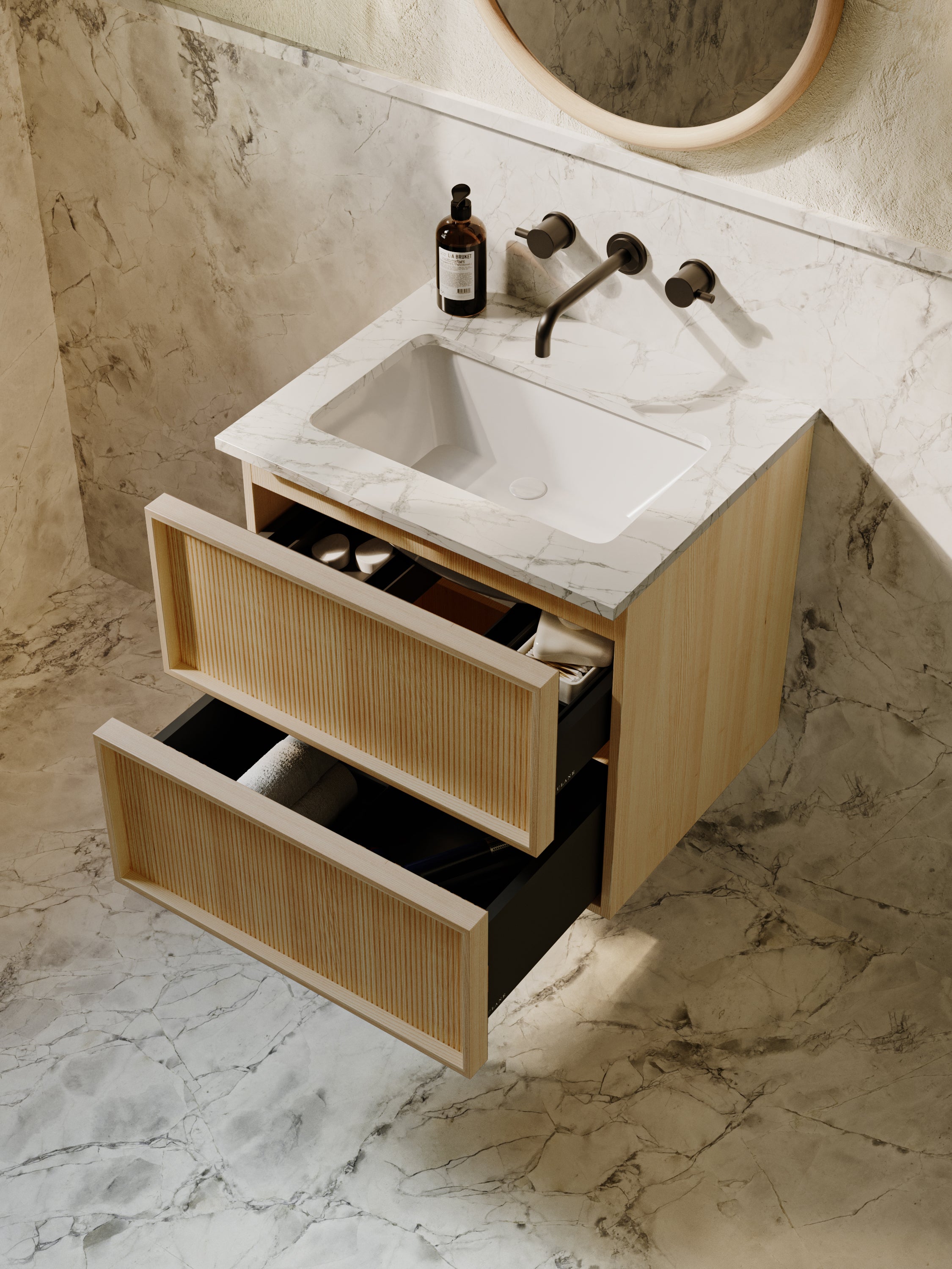 Neutra | Fluted Vanity Unit with Carrara Marble Worktop & Ceramic Basin | 600mm | Blonde Roast Oak
