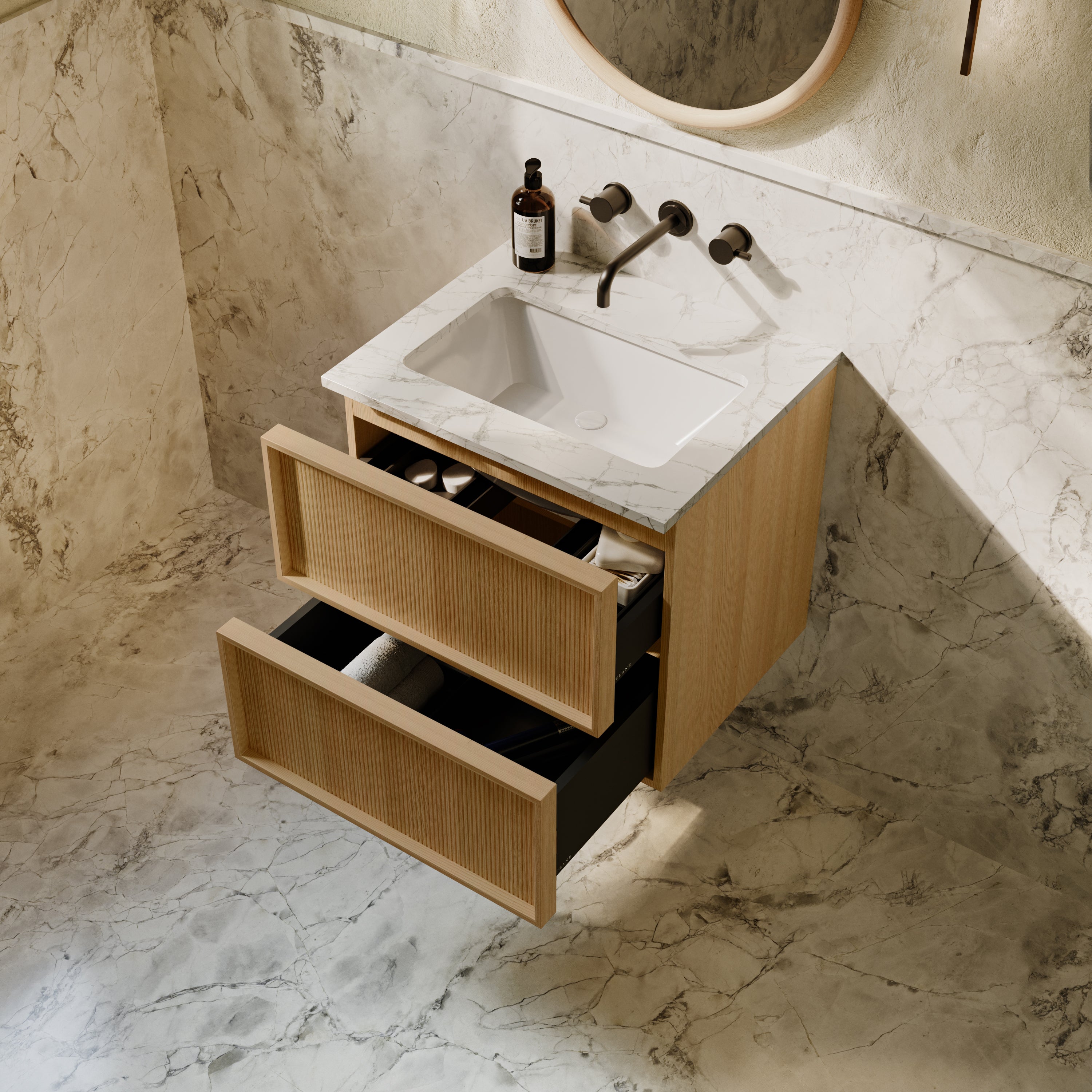 Neutra | Fluted Vanity Unit with Carrara Marble Worktop & Ceramic Basin | 600mm | Blonde Roast Oak