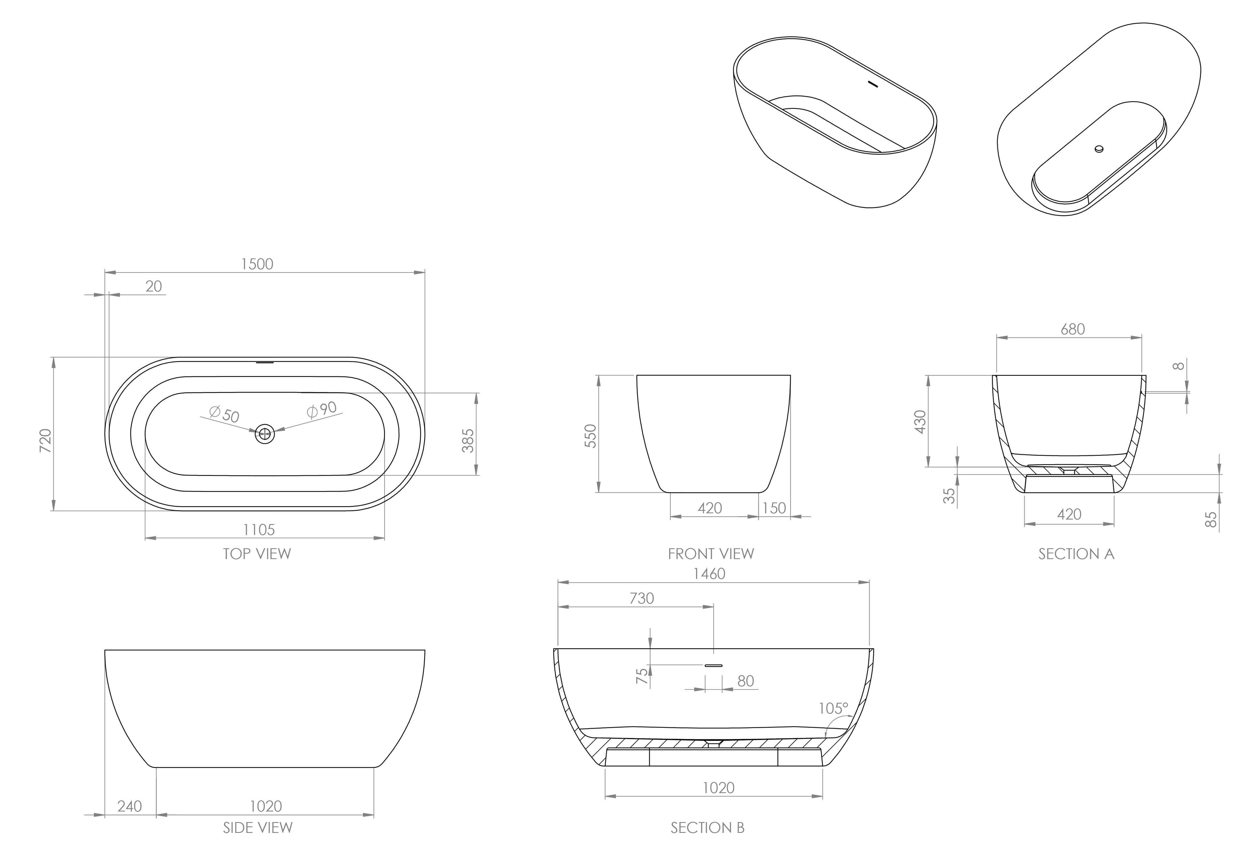 Continental Freestanding Stone Bath - Matte White / 1500mm