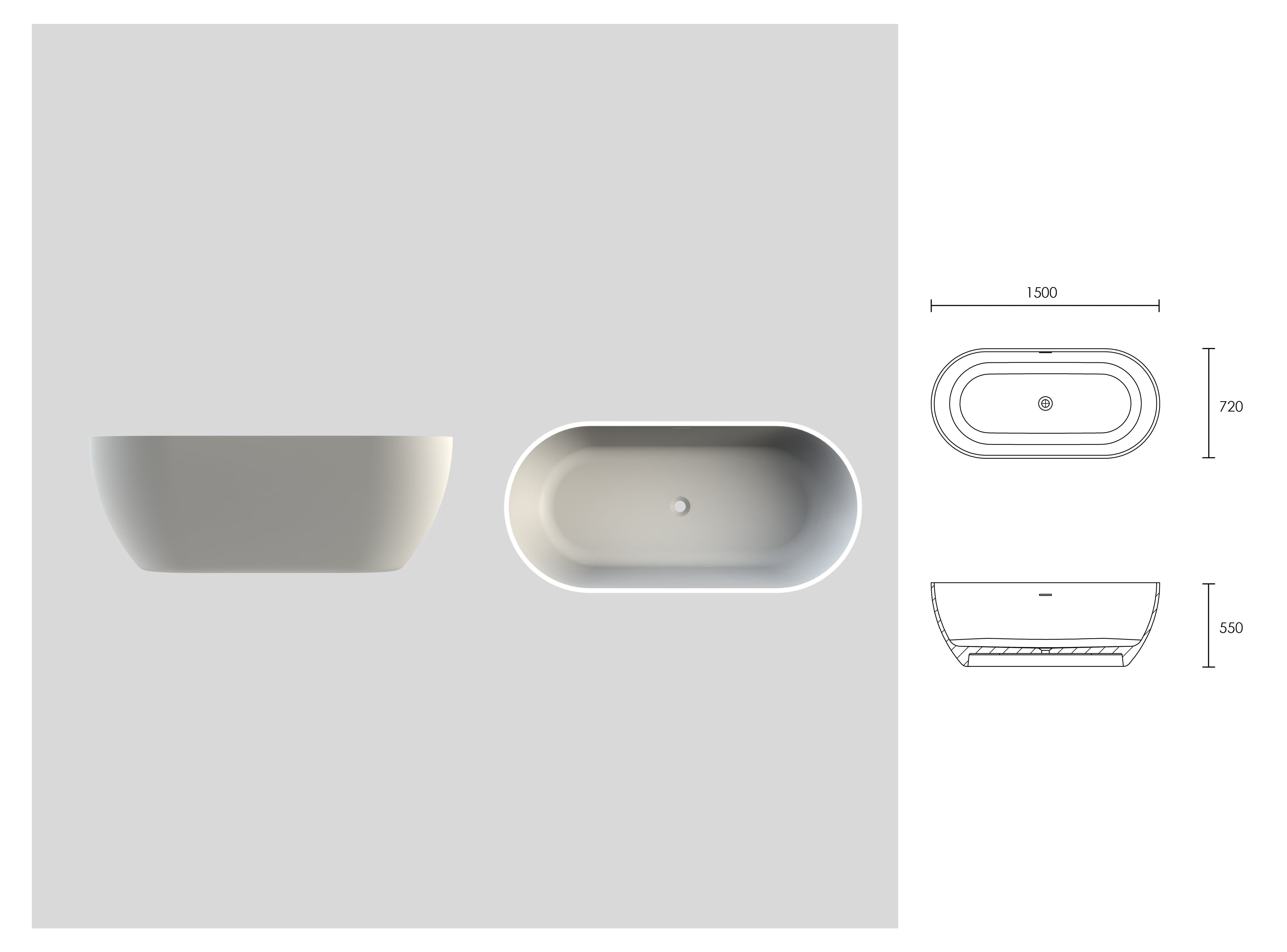Continental Freestanding Stone Bath - Matte White / 1500mm