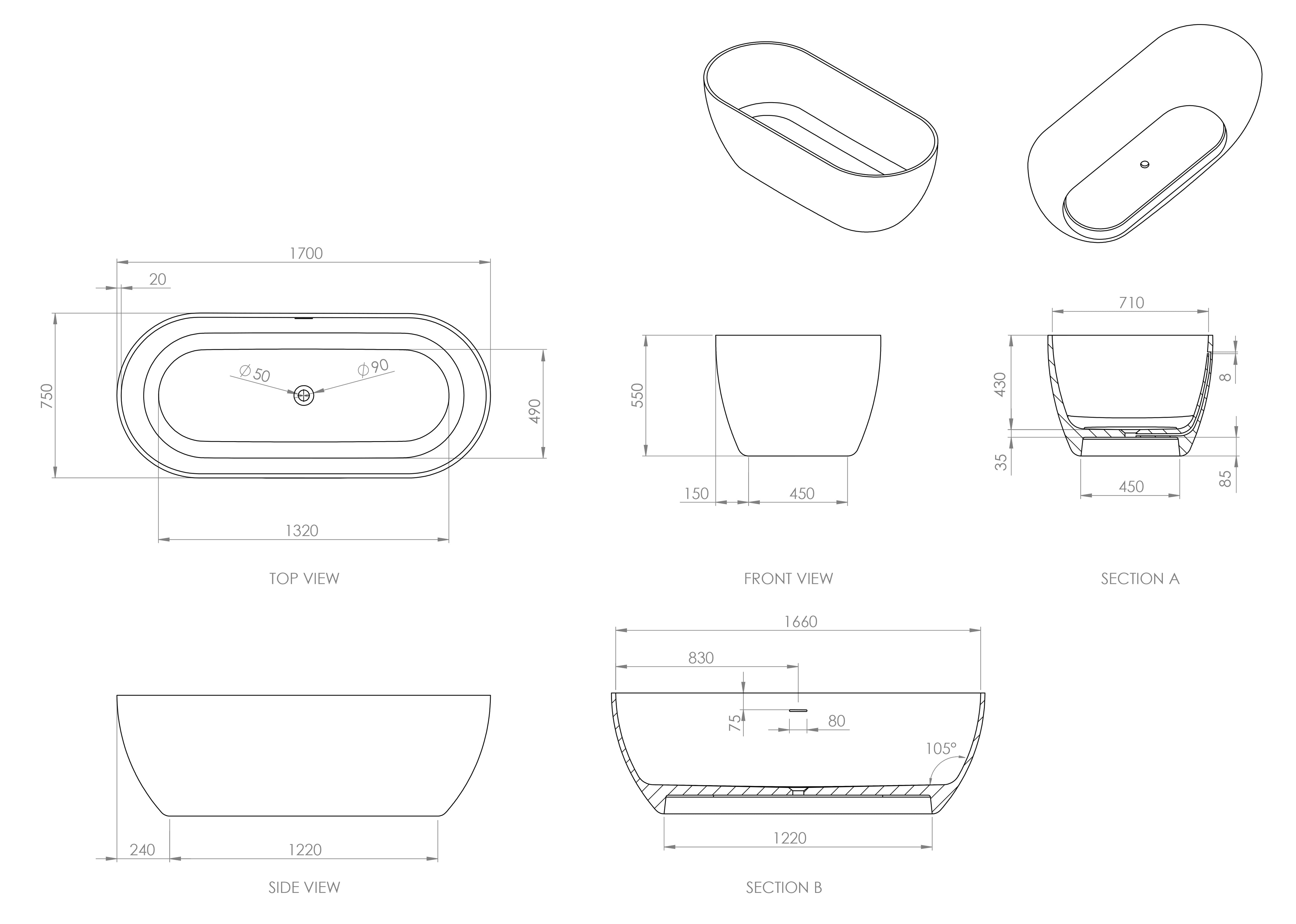 Continental Freestanding Stone Bath - Matte White / 1700mm