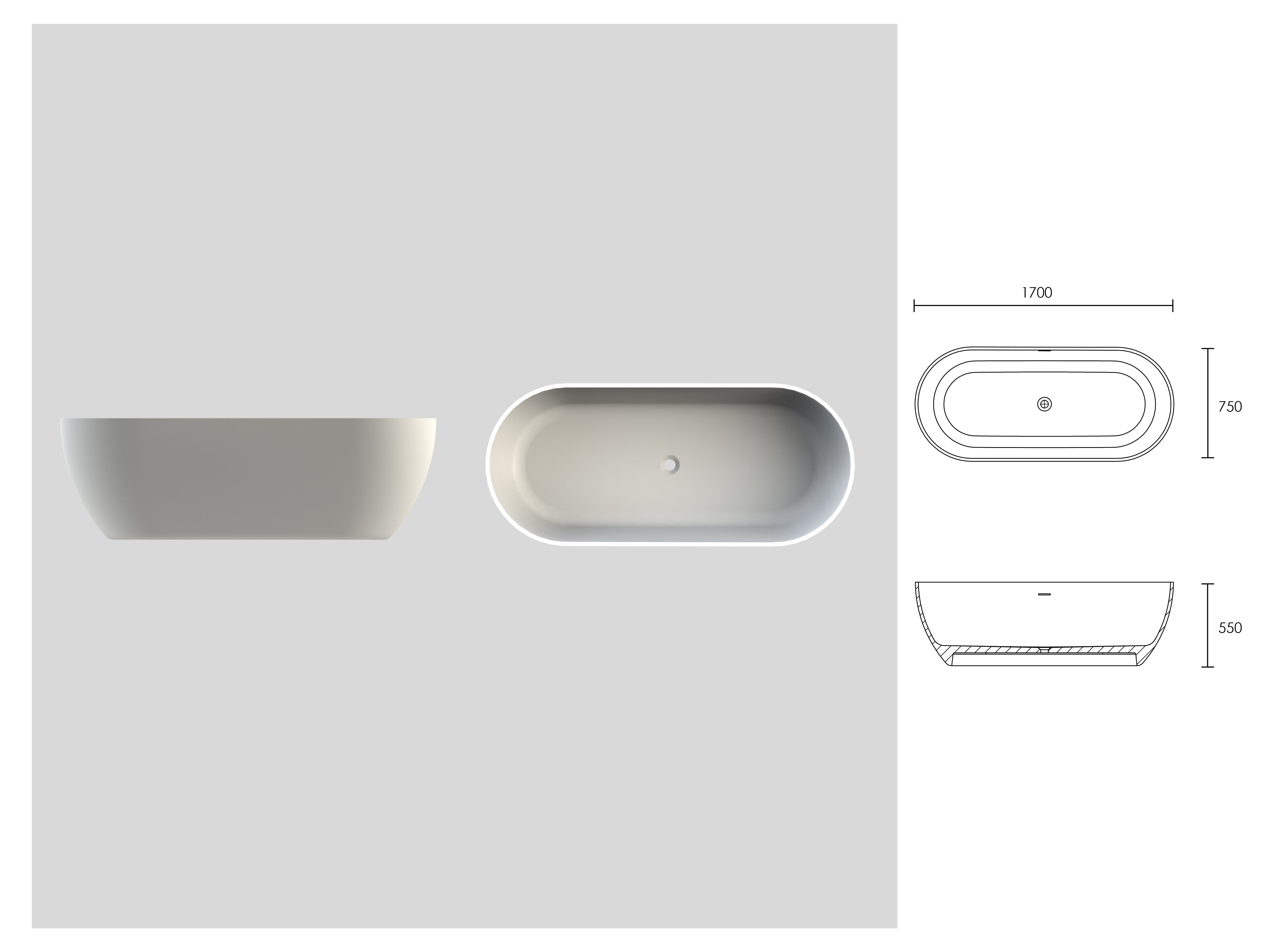Continental Freestanding Stone Bath - Matte White / 1700mm