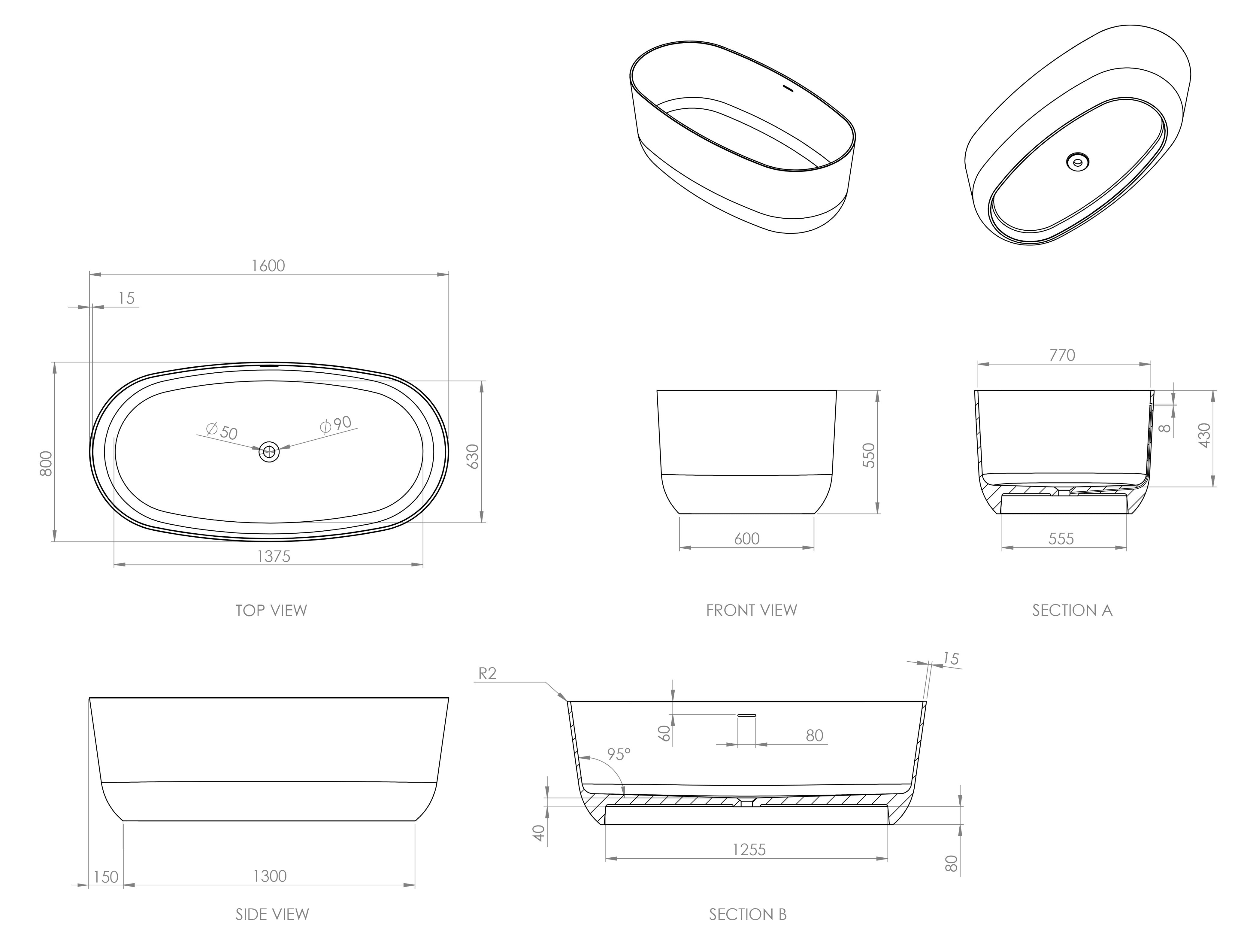 Nero Freestanding Stone Bath - Matte White / 1600mm