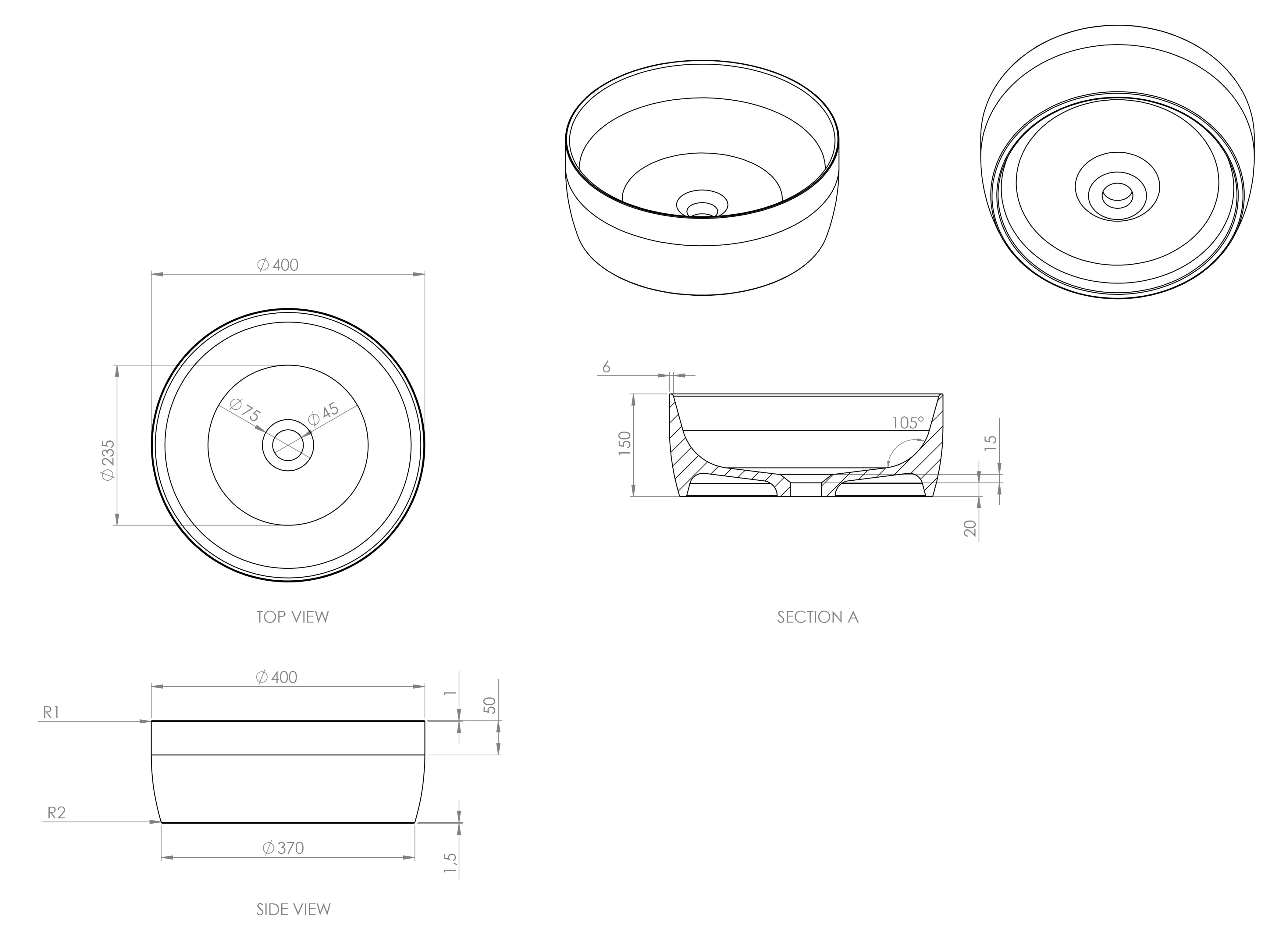 Noho Stone Countertop Basin - Matte White / 400mm