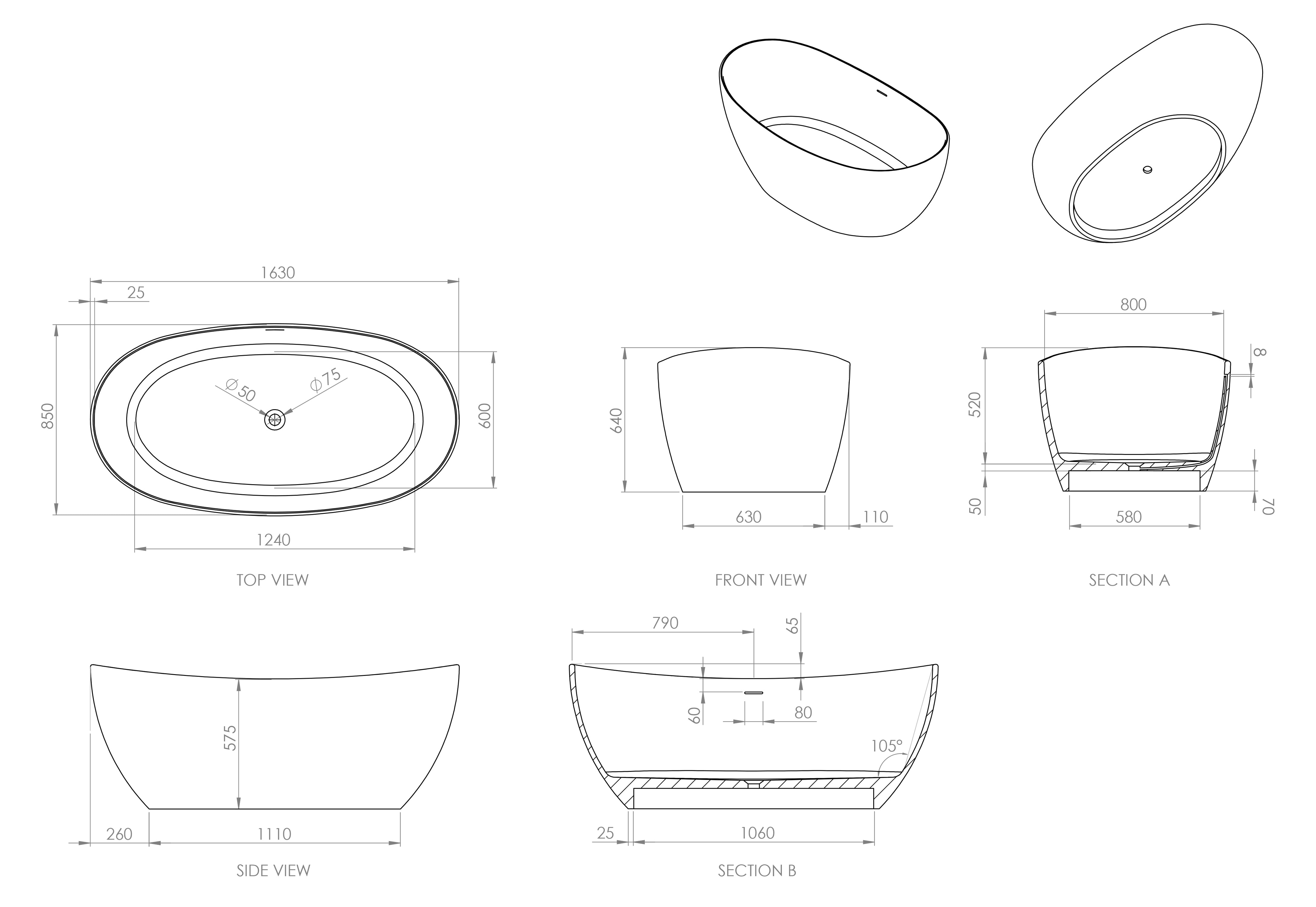 Crescent Freestanding Stone Bath - Matte White / 1630mm