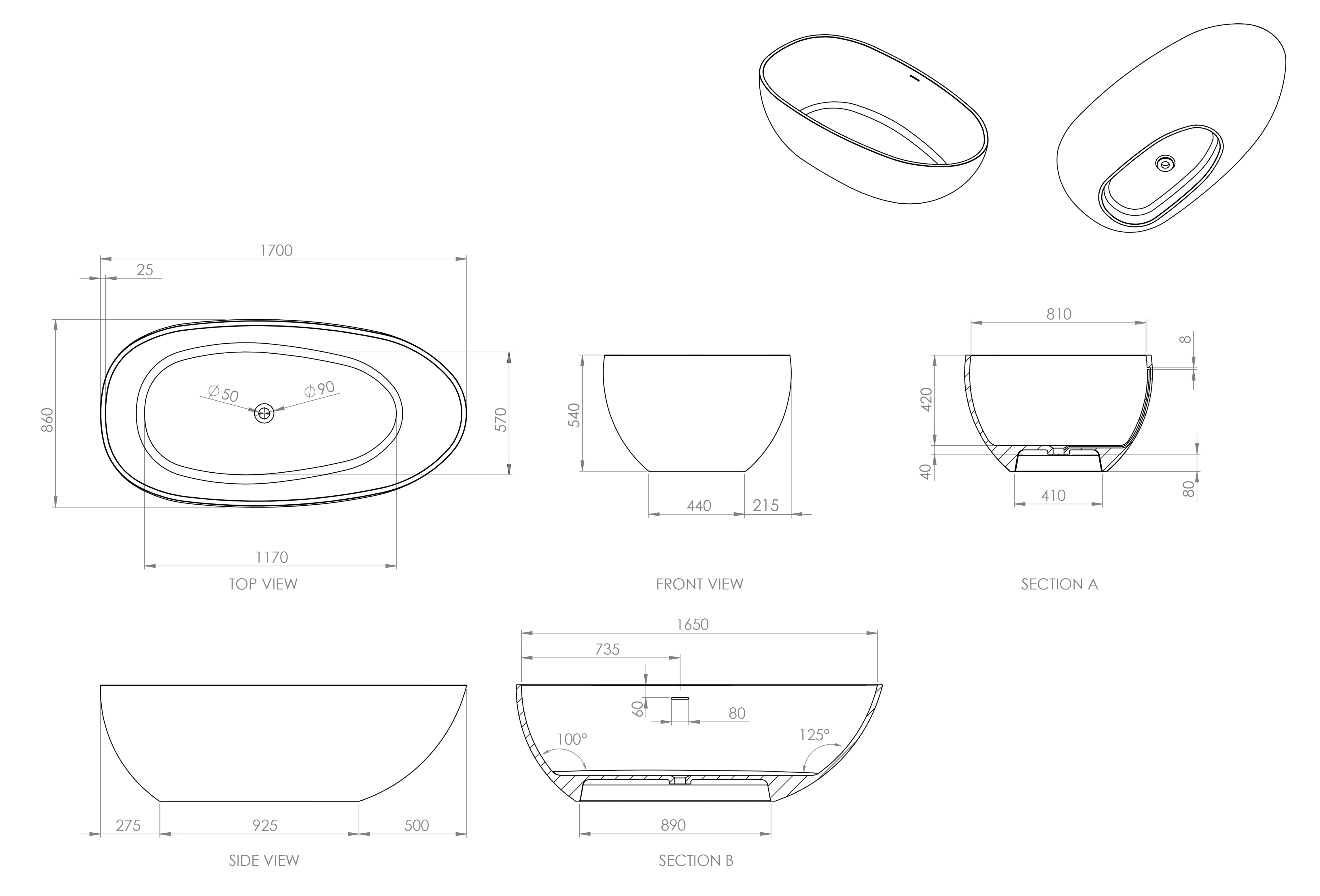 Serene Freestanding Stone Bath - Matte White / 1700mm