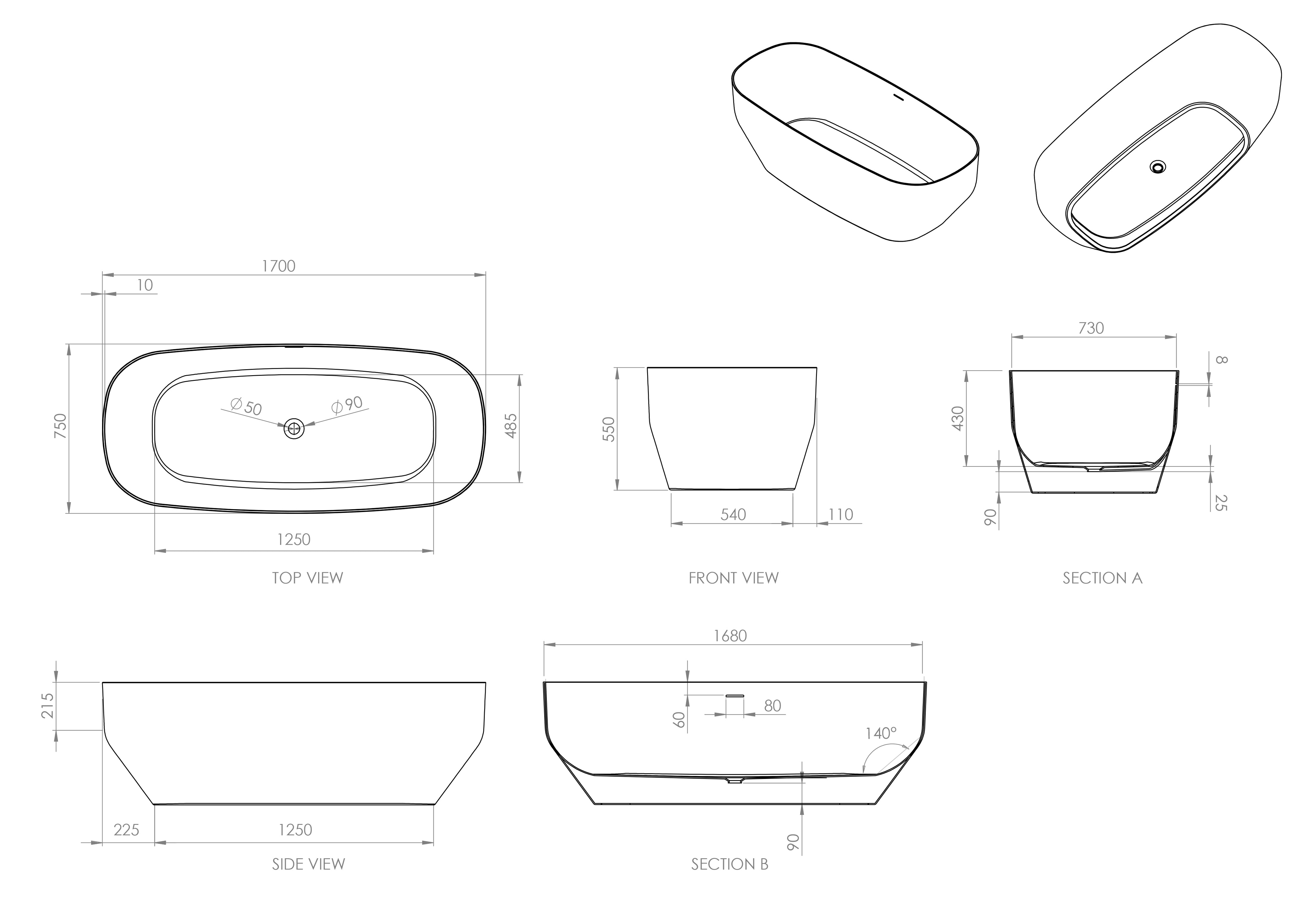 Audemar Freestanding Stone Bath - Matte White / 1700mm