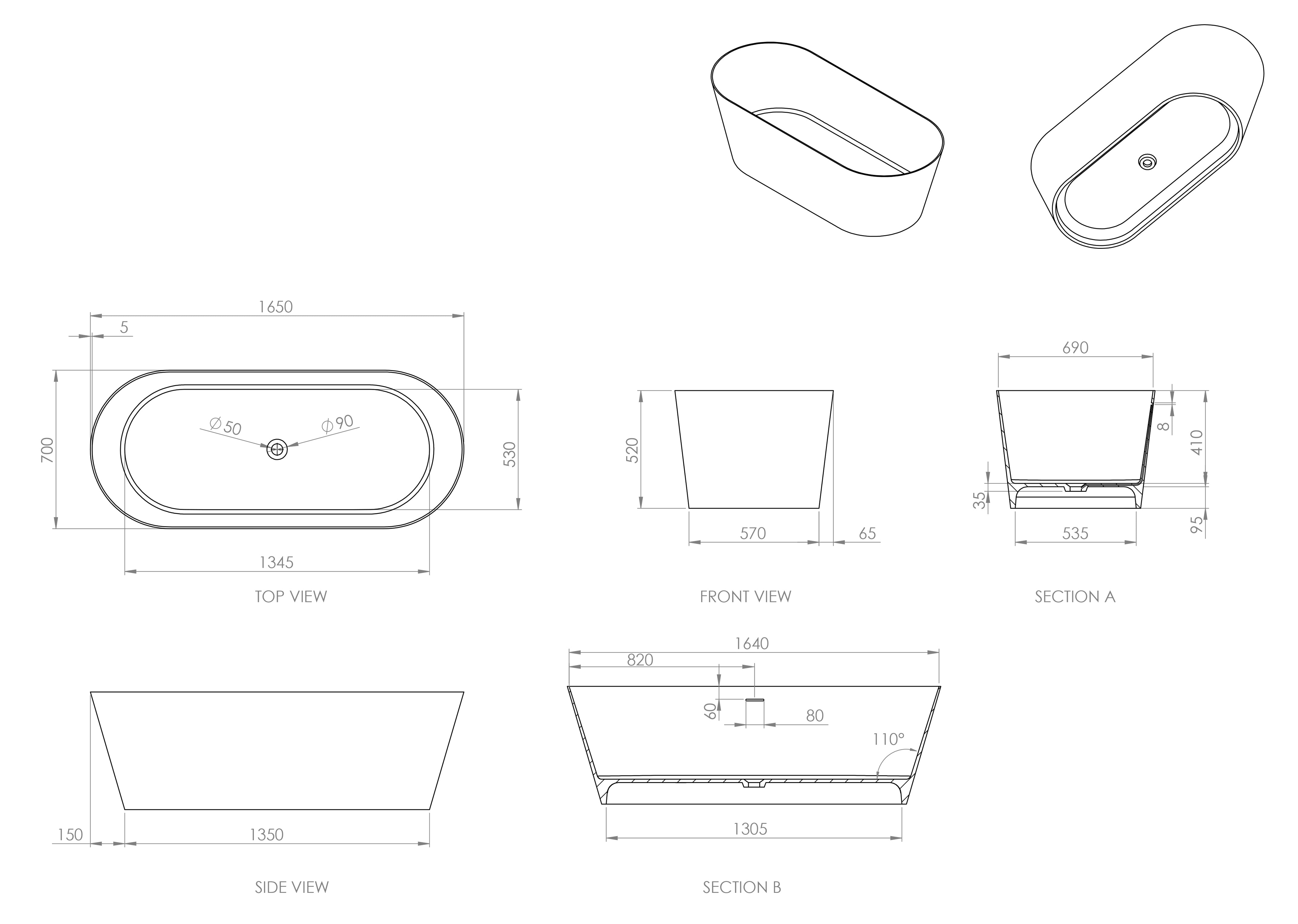 Reiss Freestanding Stone Bath - Matte White / 1650mm