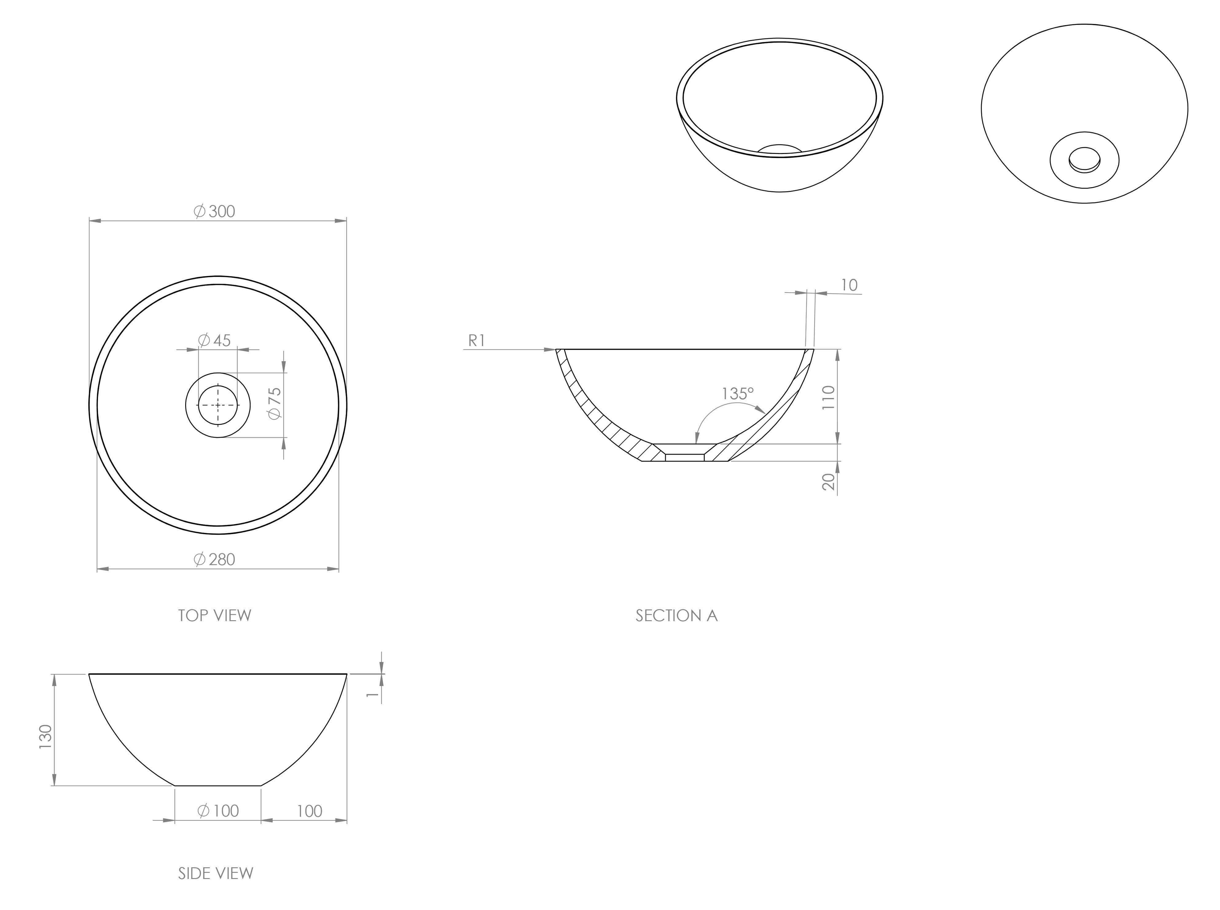 Opus Stone Countertop Basin - Matte White / 300mm