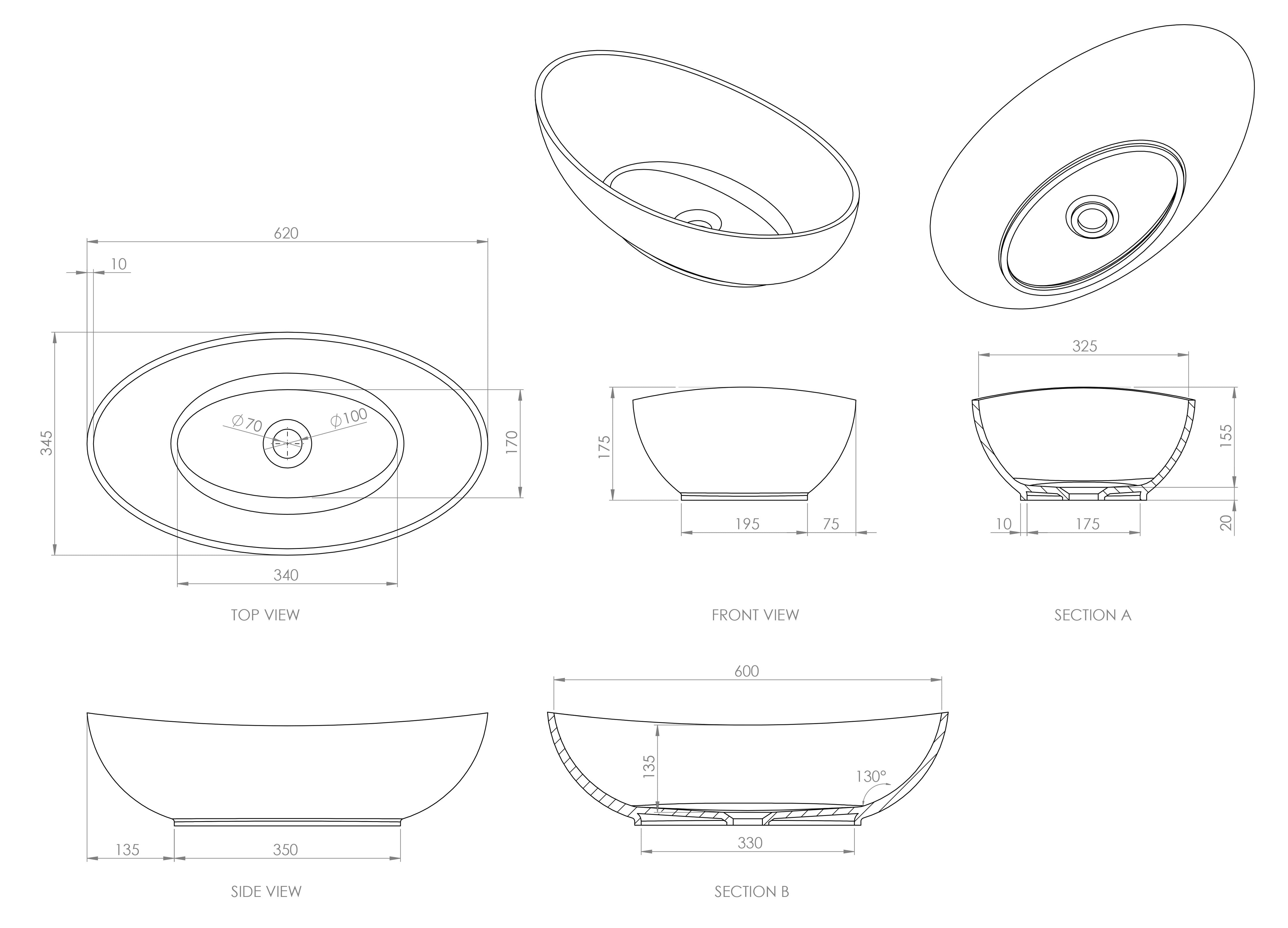 Lotus Stone Countertop Basin - Matte White / 620mm