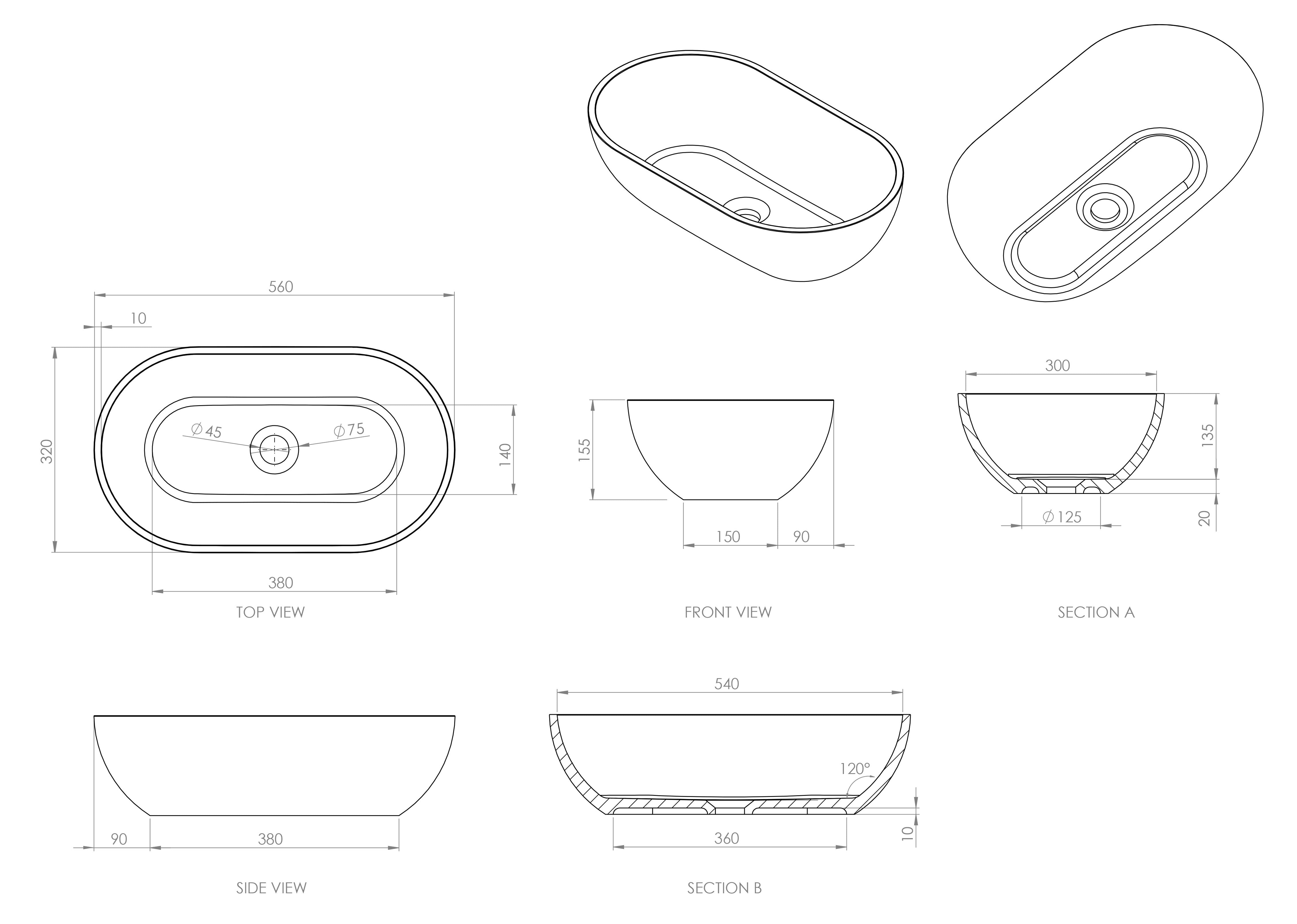 Continental Stone Countertop Basin - Matte White / 560mm