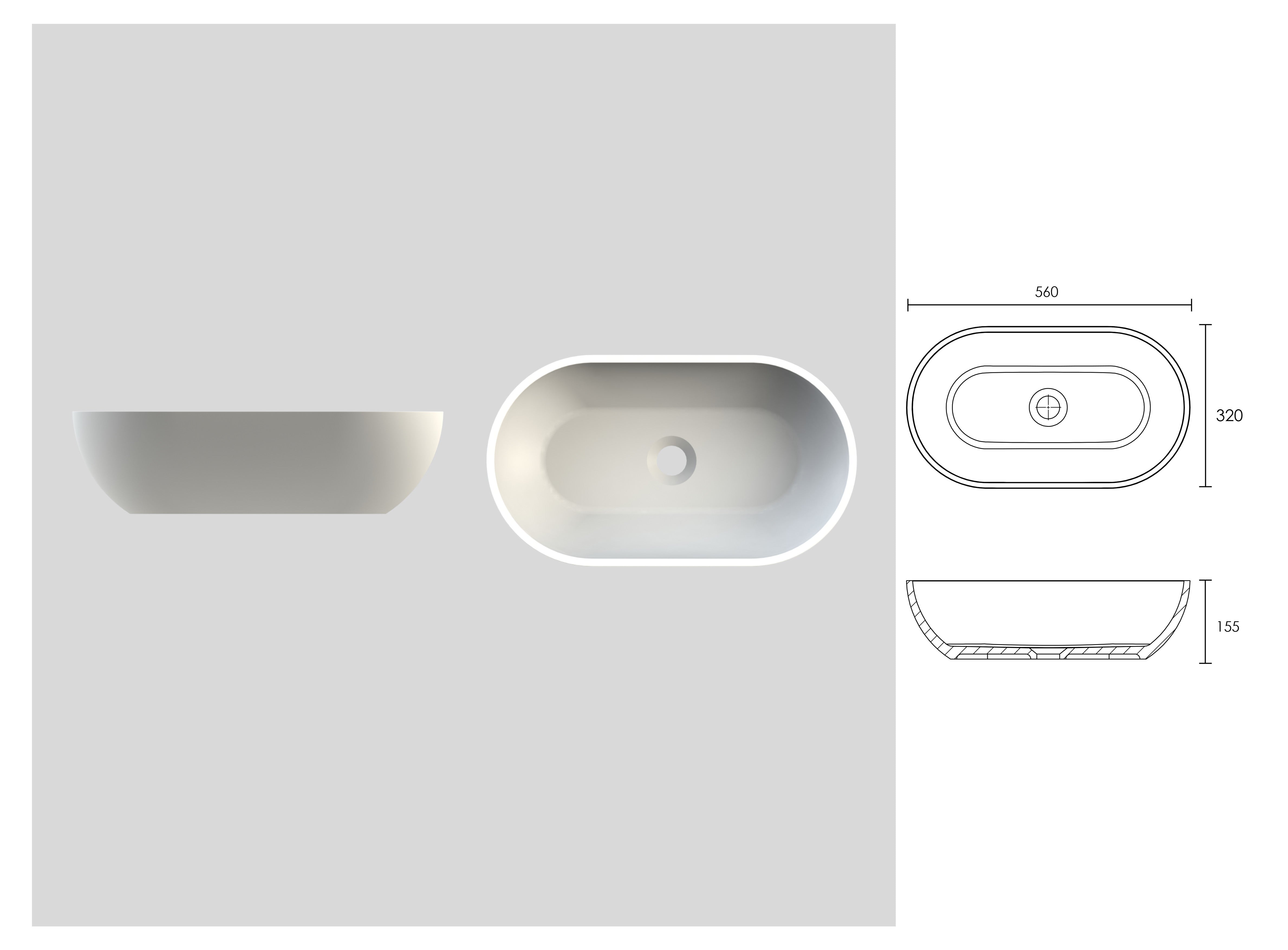 Continental Stone Countertop Basin - Matte White / 560mm