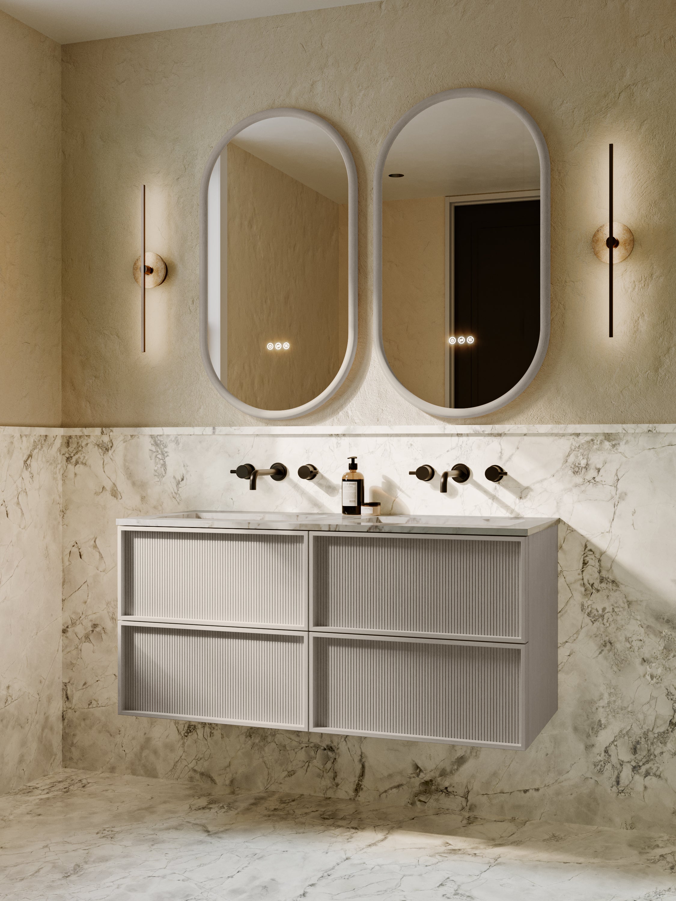 Neutra | Fluted Vanity Unit with Carrara Marble Worktop & Ceramic Basin | 1200mm | Latte Oak