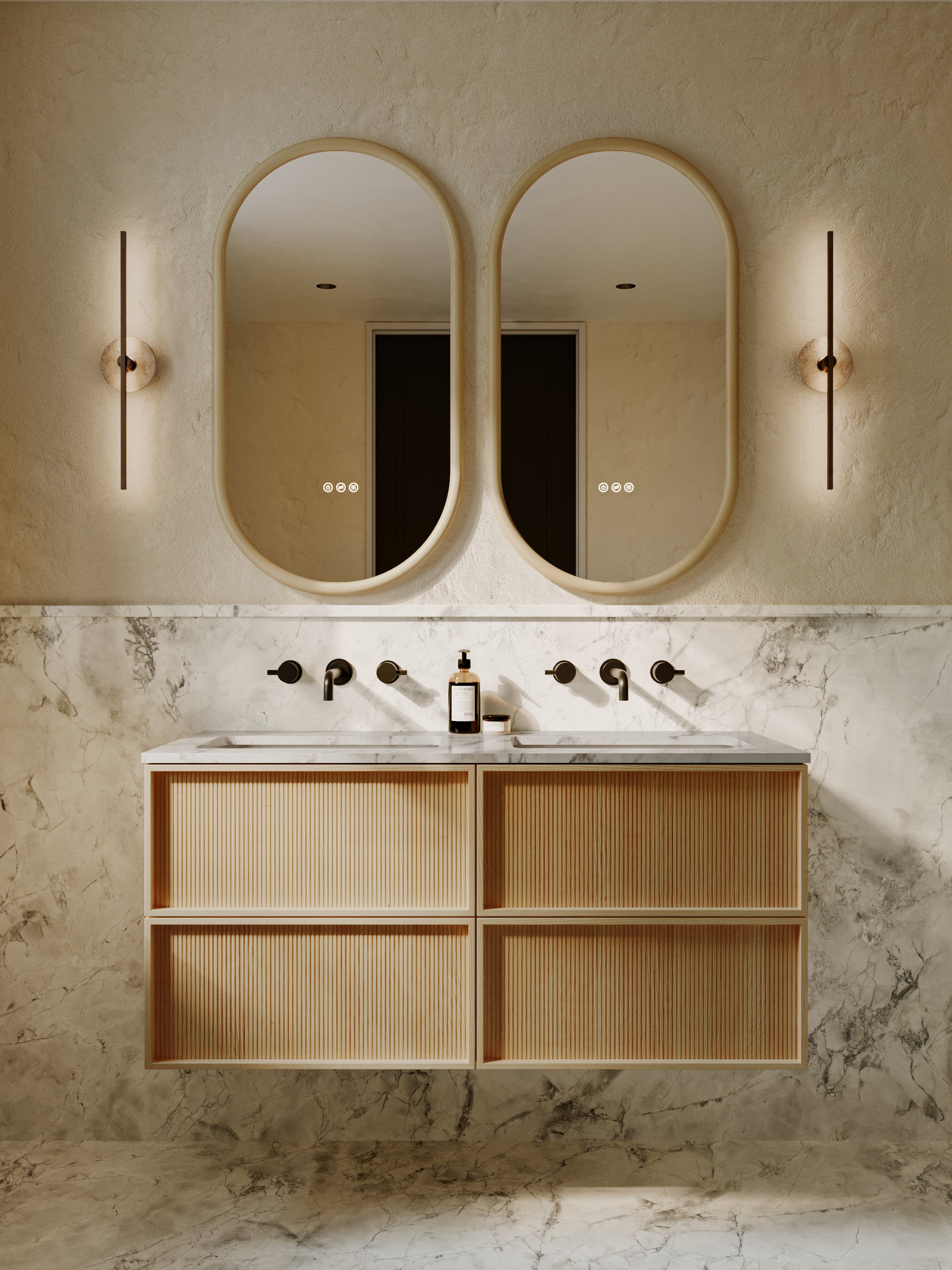 Neutra | Fluted Vanity Unit with Carrara Marble Worktop & Ceramic Basin | 1200mm | Blonde Roast Oak