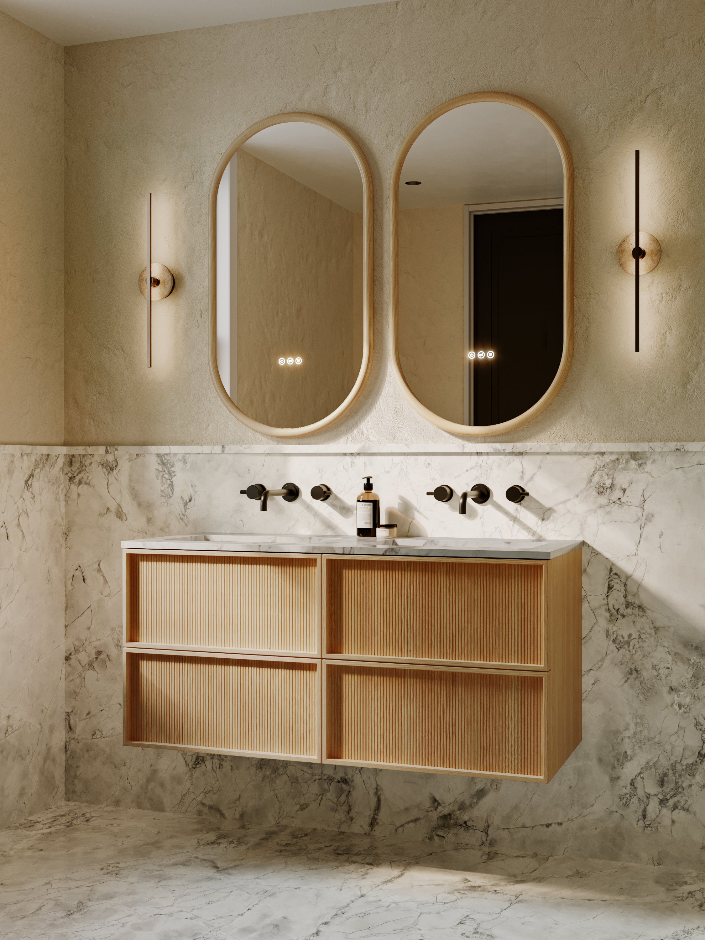Neutra | Fluted Vanity Unit with Carrara Marble Worktop & Ceramic Basin | 1200mm | Blonde Roast Oak