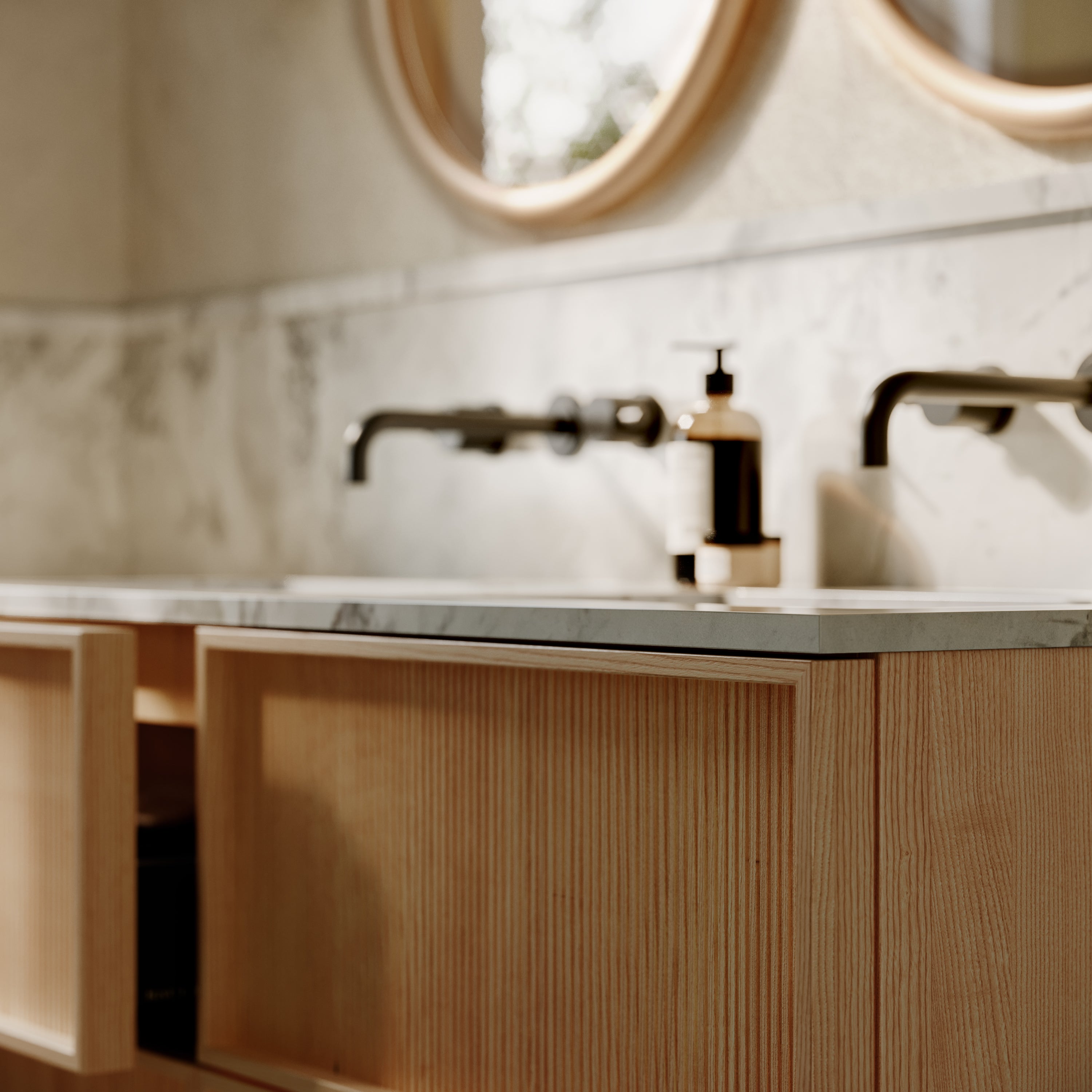 Neutra Series Golden Roast Oak Cararra Marble Vanity Unit 1200mm