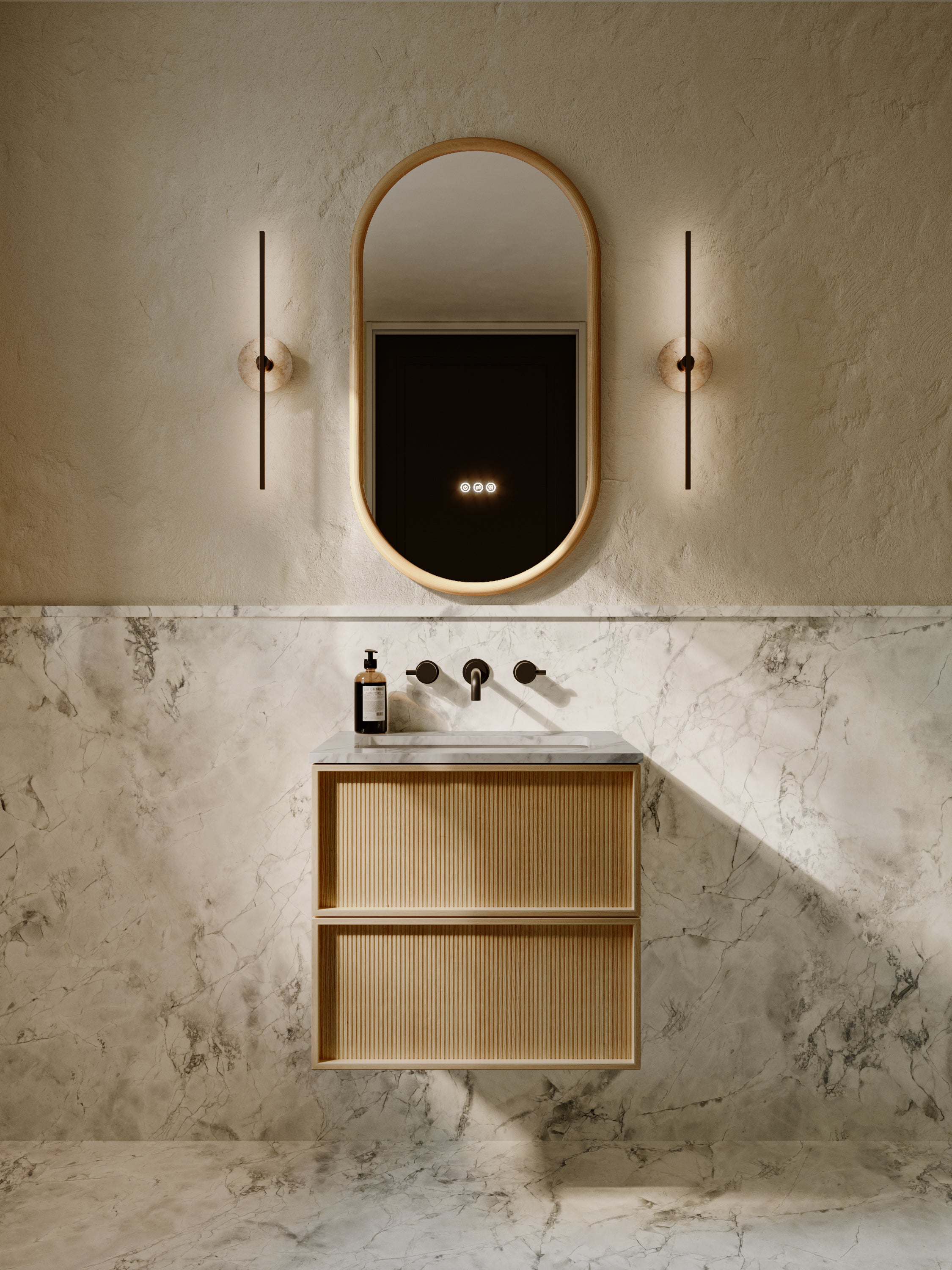 Neutra Series Golden Roast Oak Cararra Marble Vanity Unit 600mm